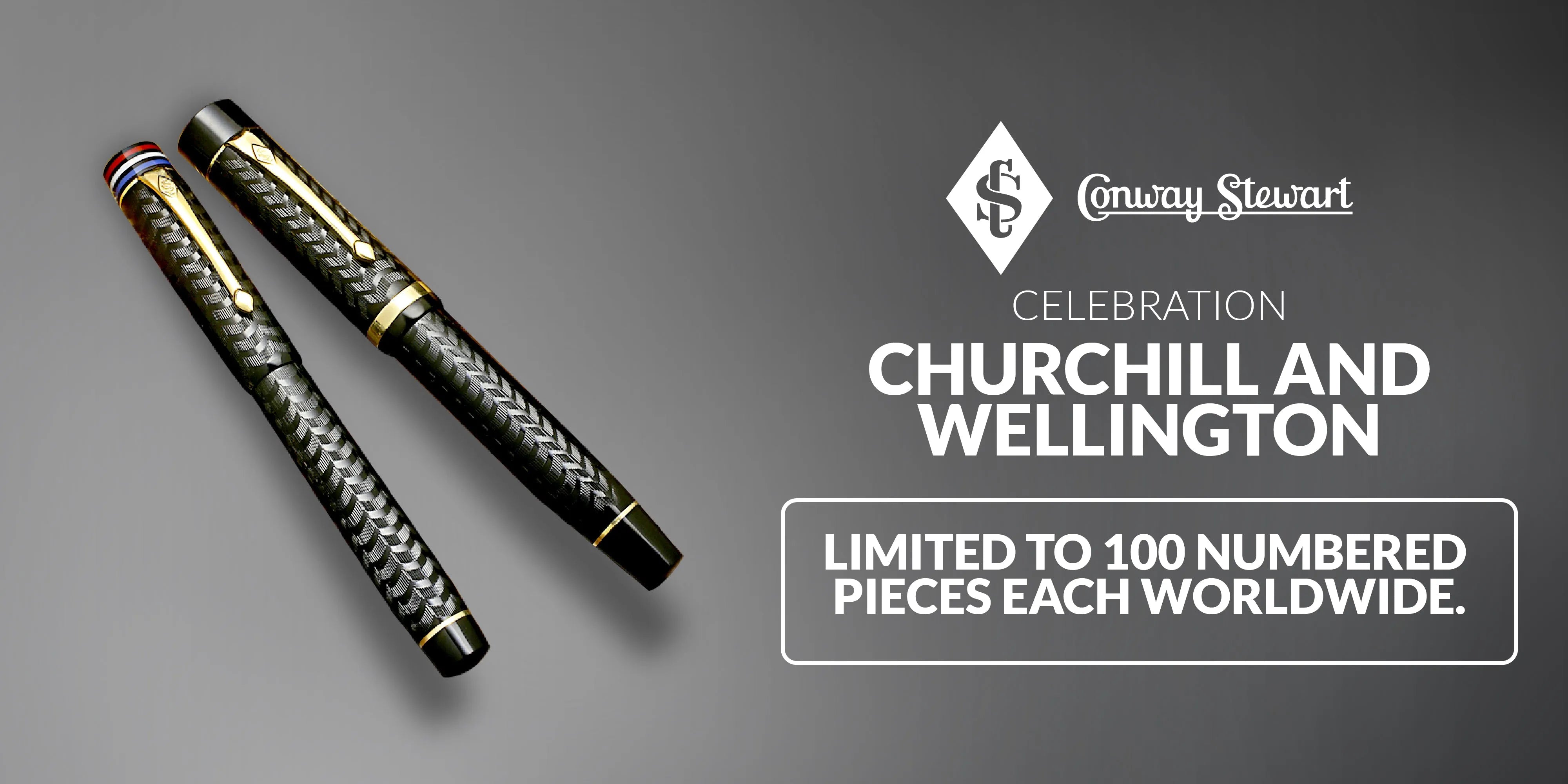 Banner for the Churchill and Wellington celebration pens, two grey textured fountain pens with striped finials