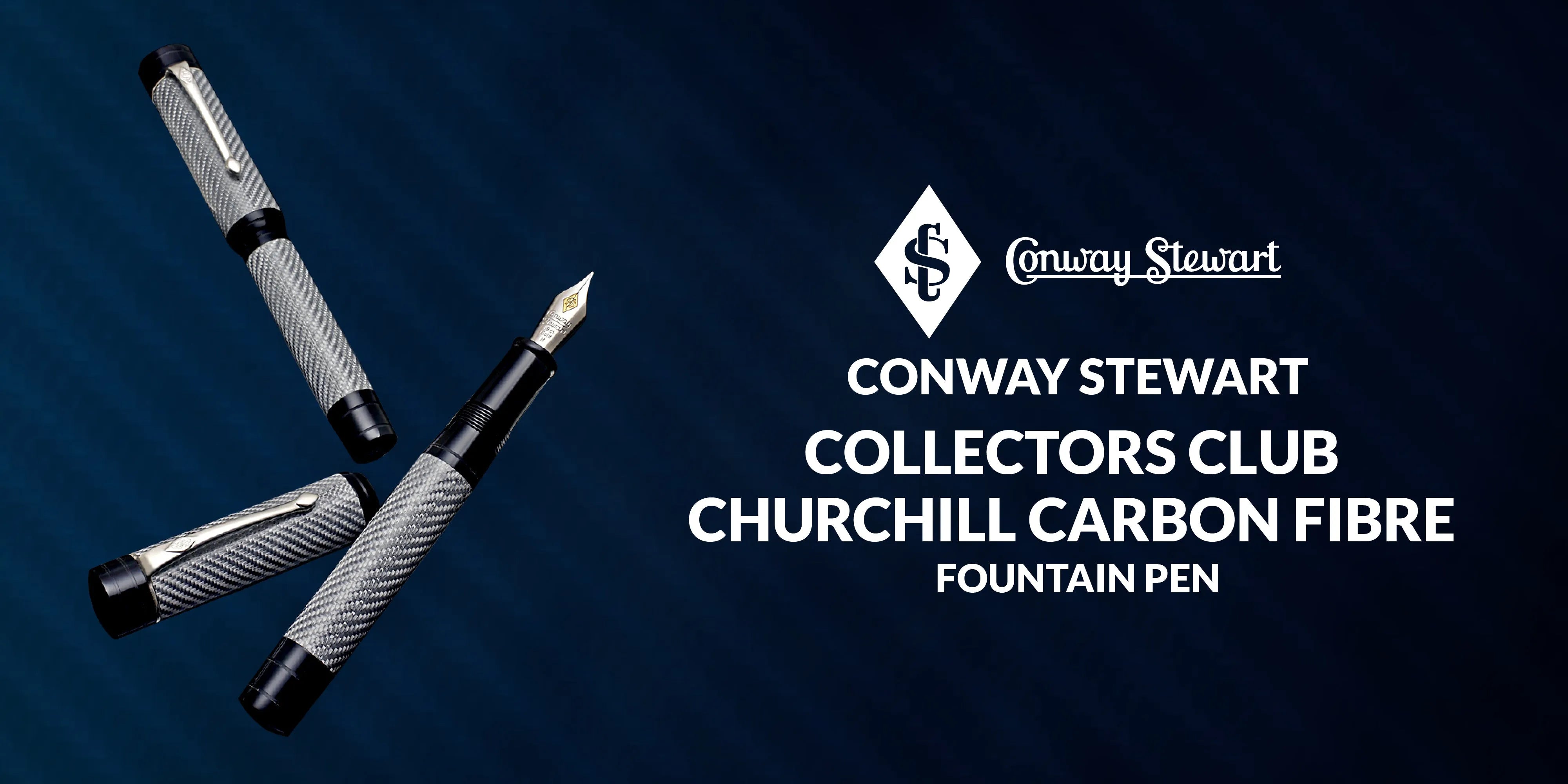 Banner for the Collectors Club Churchill Carbon Fibre pen, grey carbon-fibre textured pens and cap