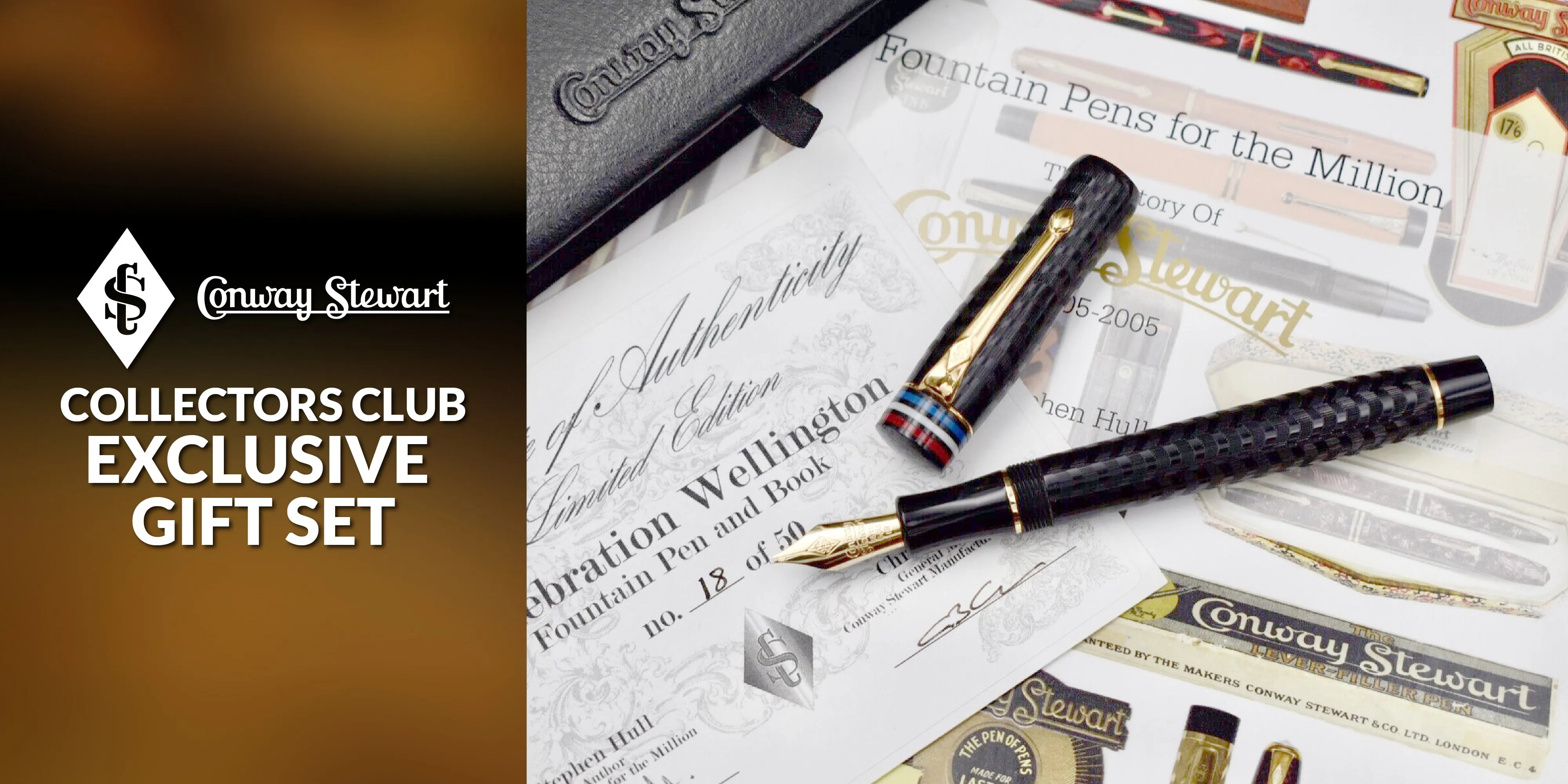 Banner for the Collectors Club exclusive gift set, a black textured pen and book laid over archival documents