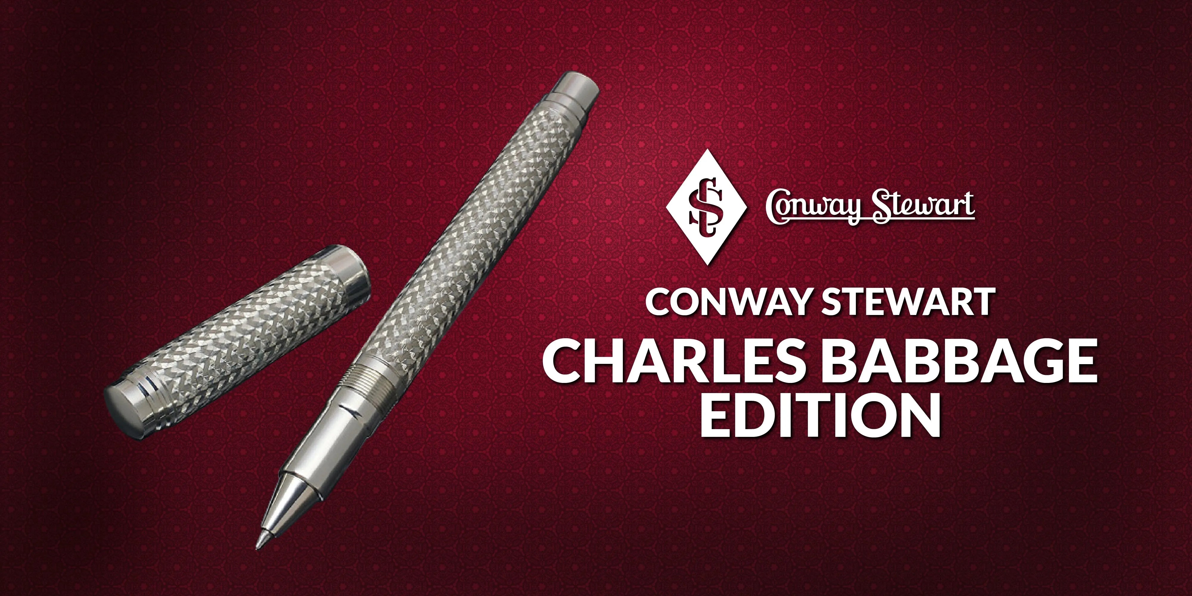 Banner for the Charles Babbage edition, a silver textured fountain pen and rollerball against a dark red backdrop