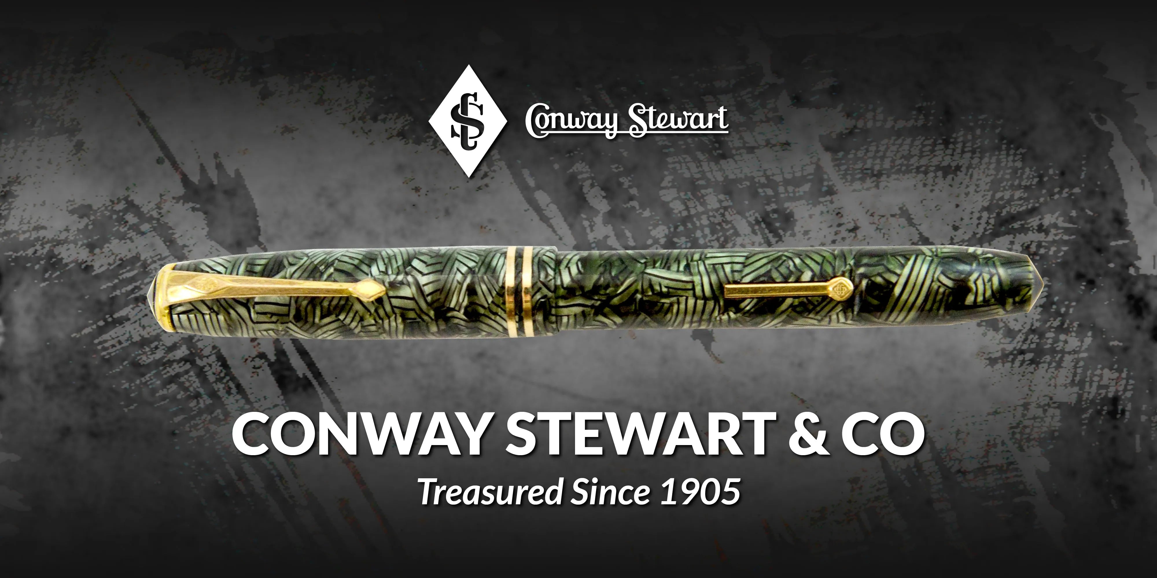Banner for Conway Stewart & Co, a green and cream marbled fountain pen with gold trim against a grunge texture