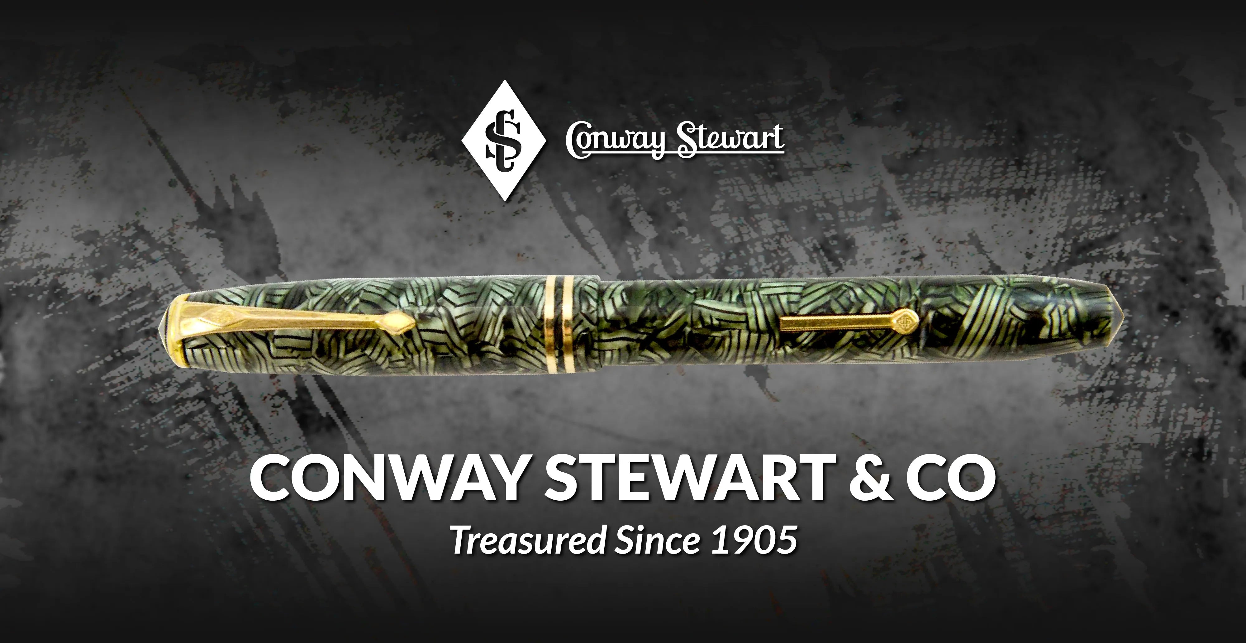 Banner for Conway Stewart & Co, a green and cream marbled fountain pen with gold trim against a grunge texture