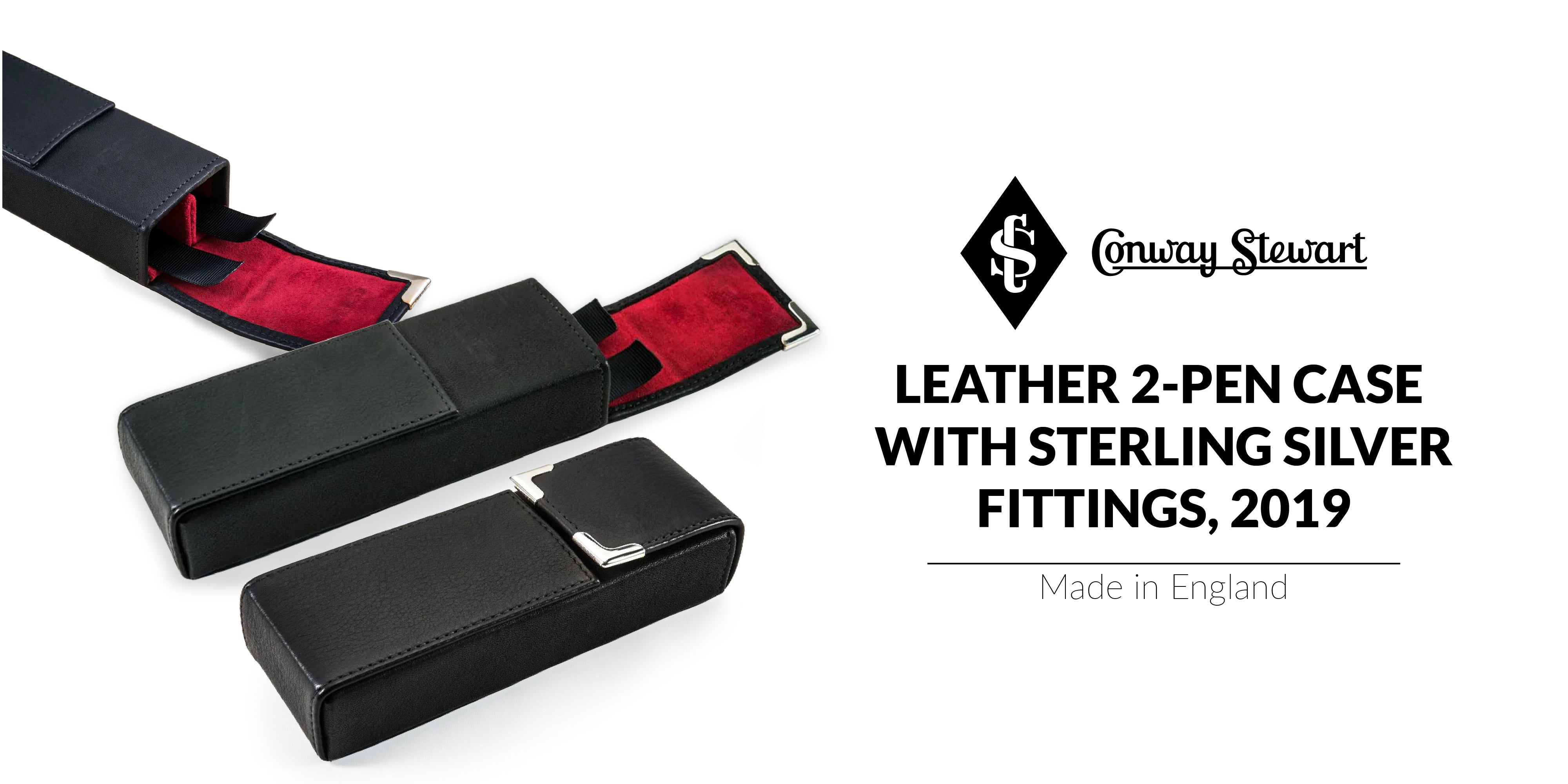 Banner for a leather 2-pen case with sterling silver fittings, black leather cases with red suede lining