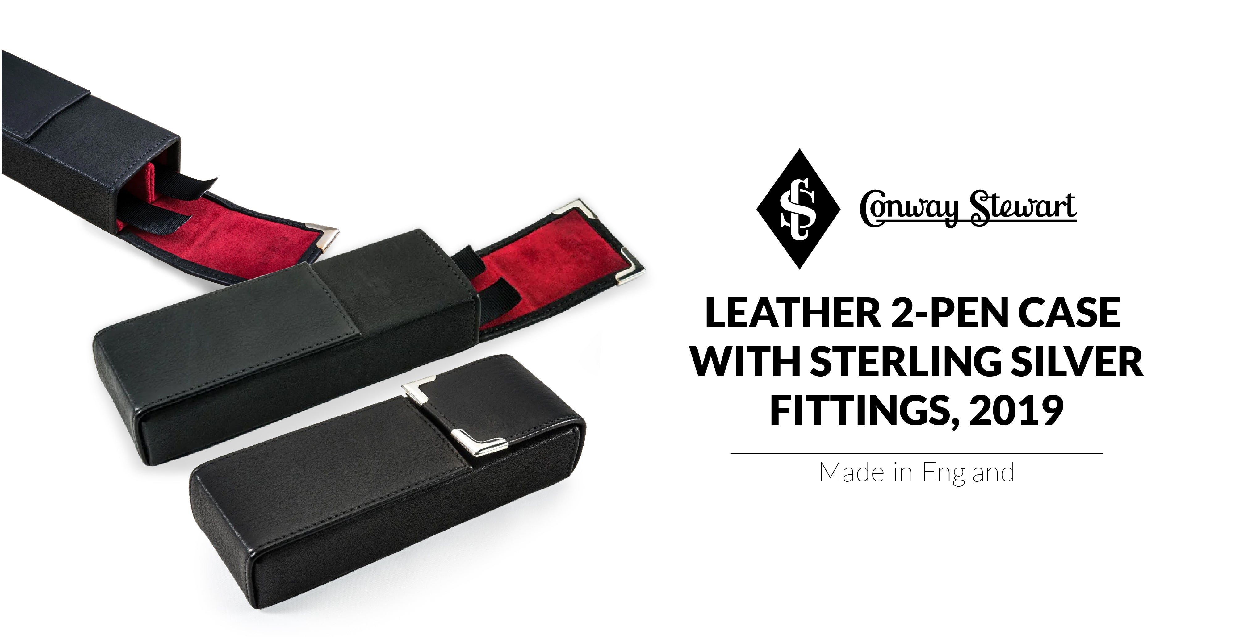 Banner for a leather 2-pen case with sterling silver fittings, black leather cases with red suede lining