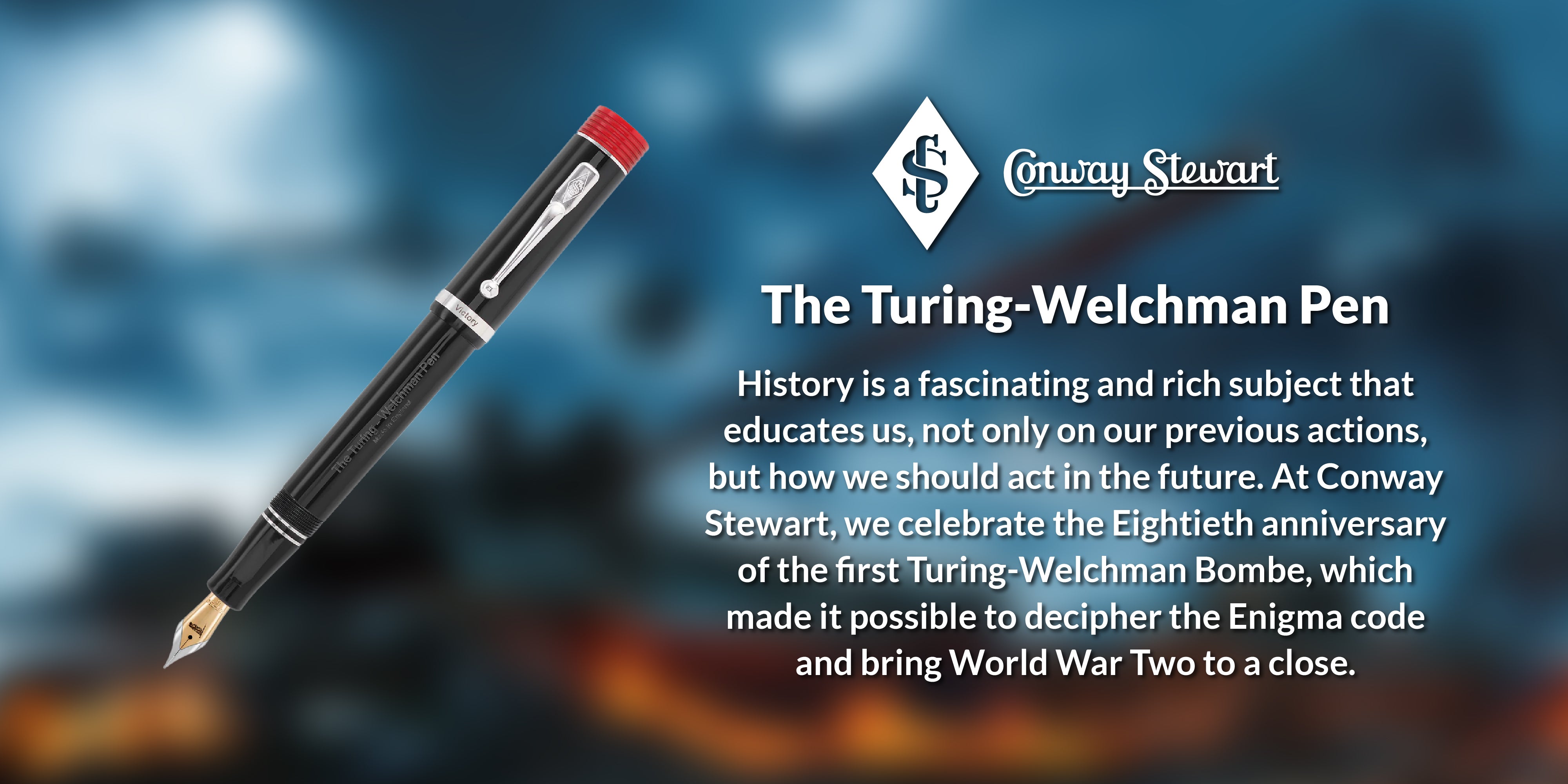Promotional banner for the Turing-Welchman Pen, a black fountain pen with a red cap band on a dark blue backdrop