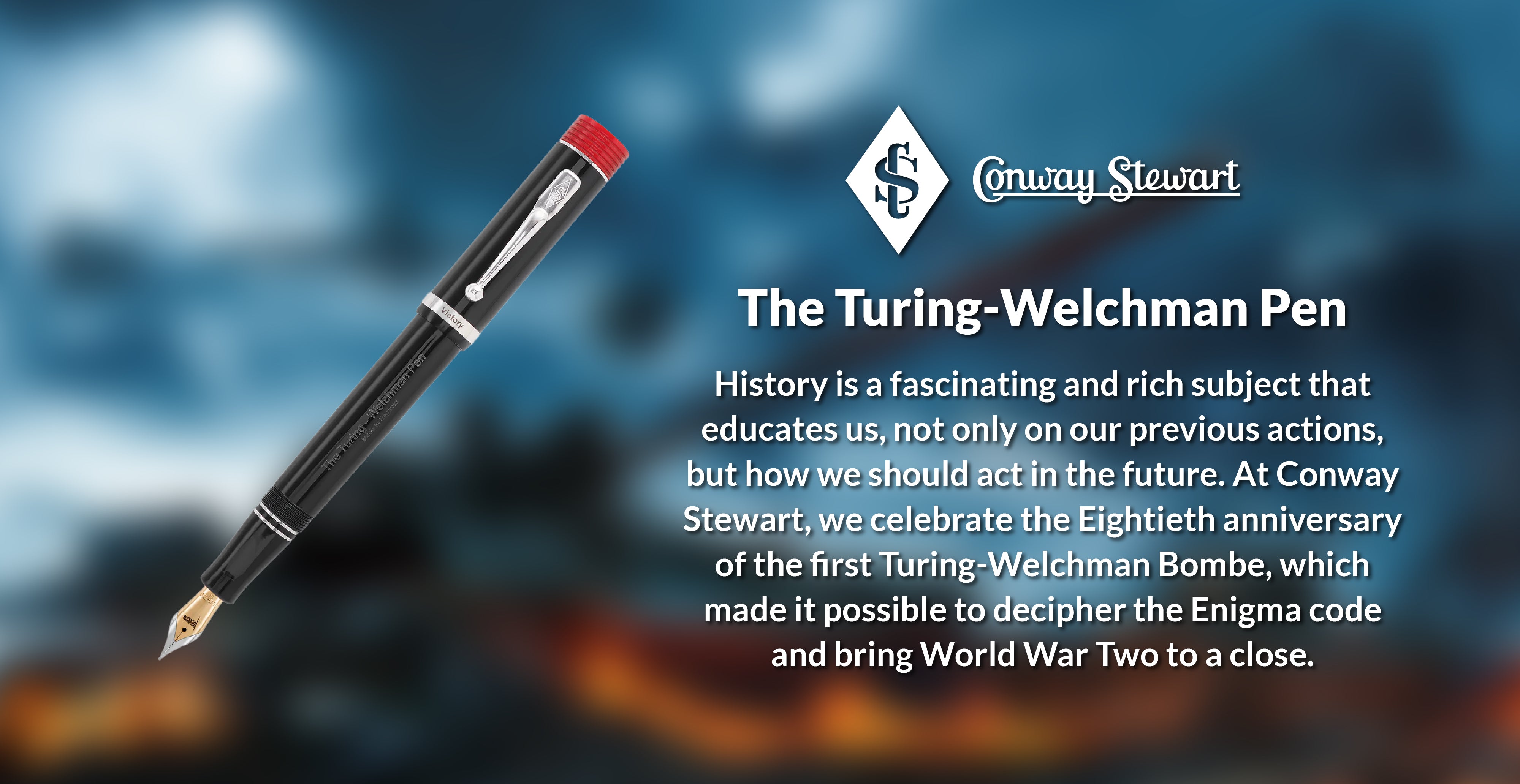 Promotional banner for the Turing-Welchman Pen, a black fountain pen with a red cap band on a dark blue backdrop