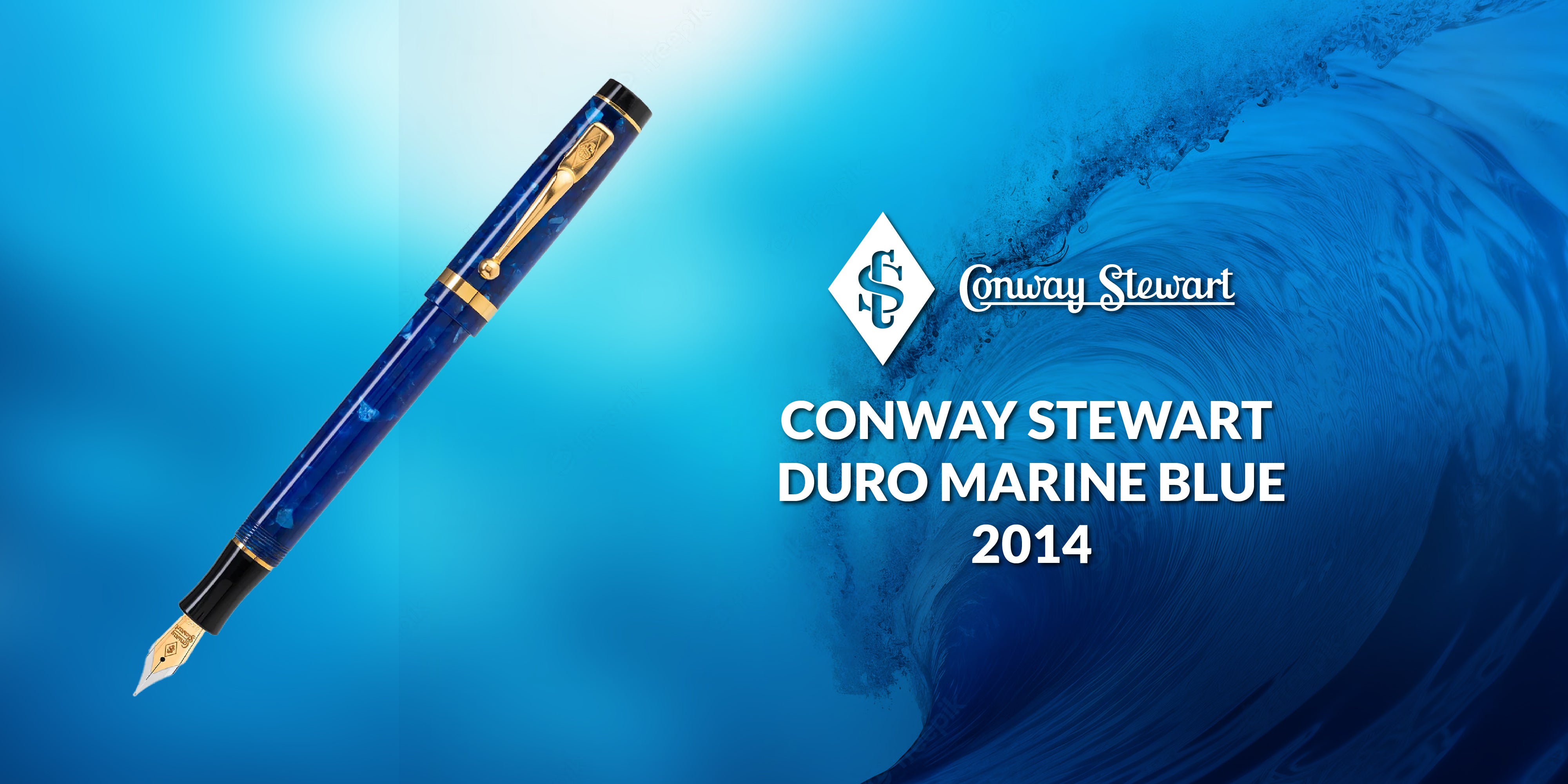 Banner for the Duro Marine Blue pen, a blue marbled fountain pen against a breaking ocean wave