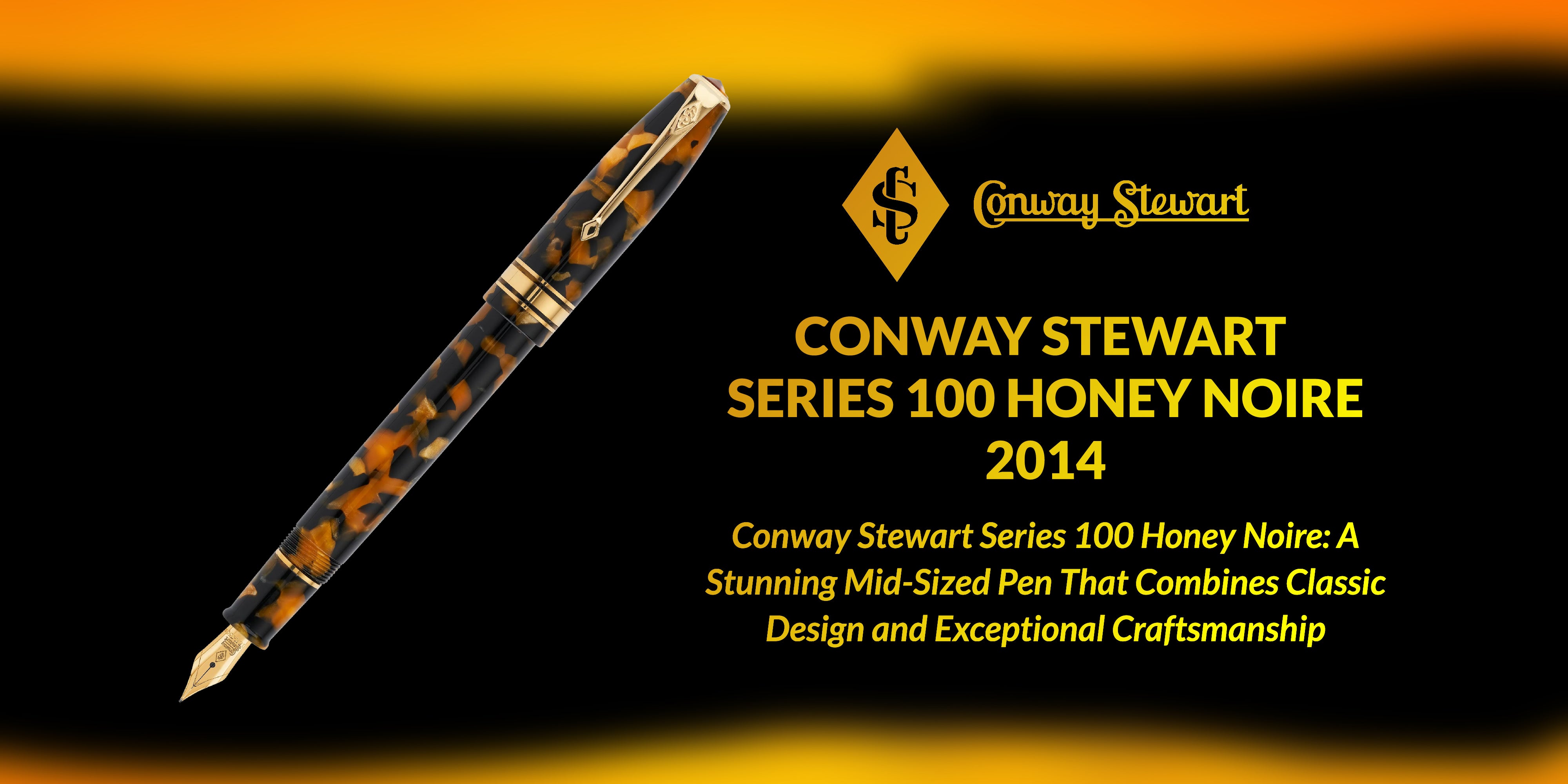 Banner for the Series 100 Honey Noire pen, an orange and black marbled fountain pen against a golden glow