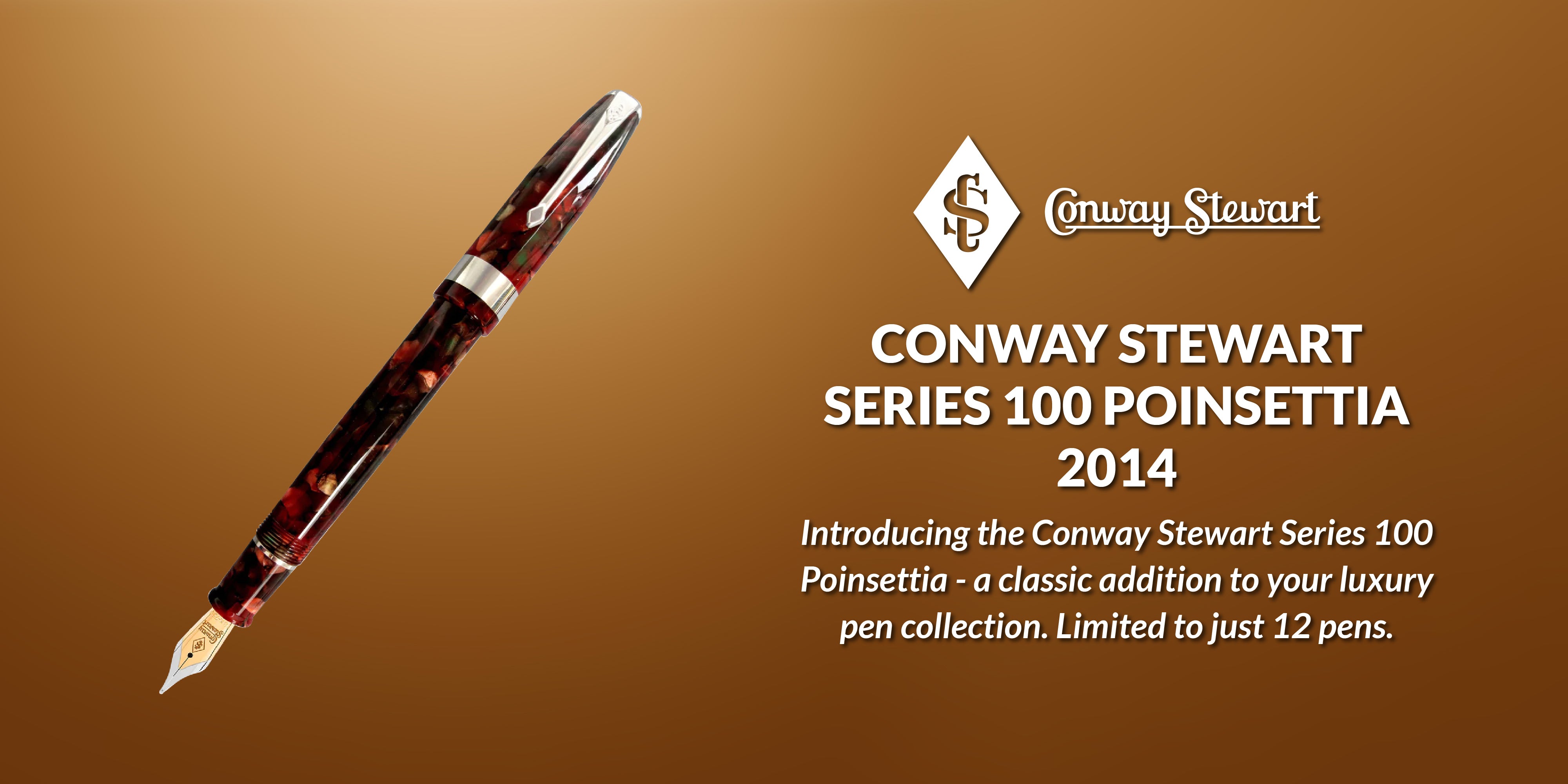 Banner for the Series 100 Poinsettia pen, a red marbled fountain pen against a warm brown backdrop