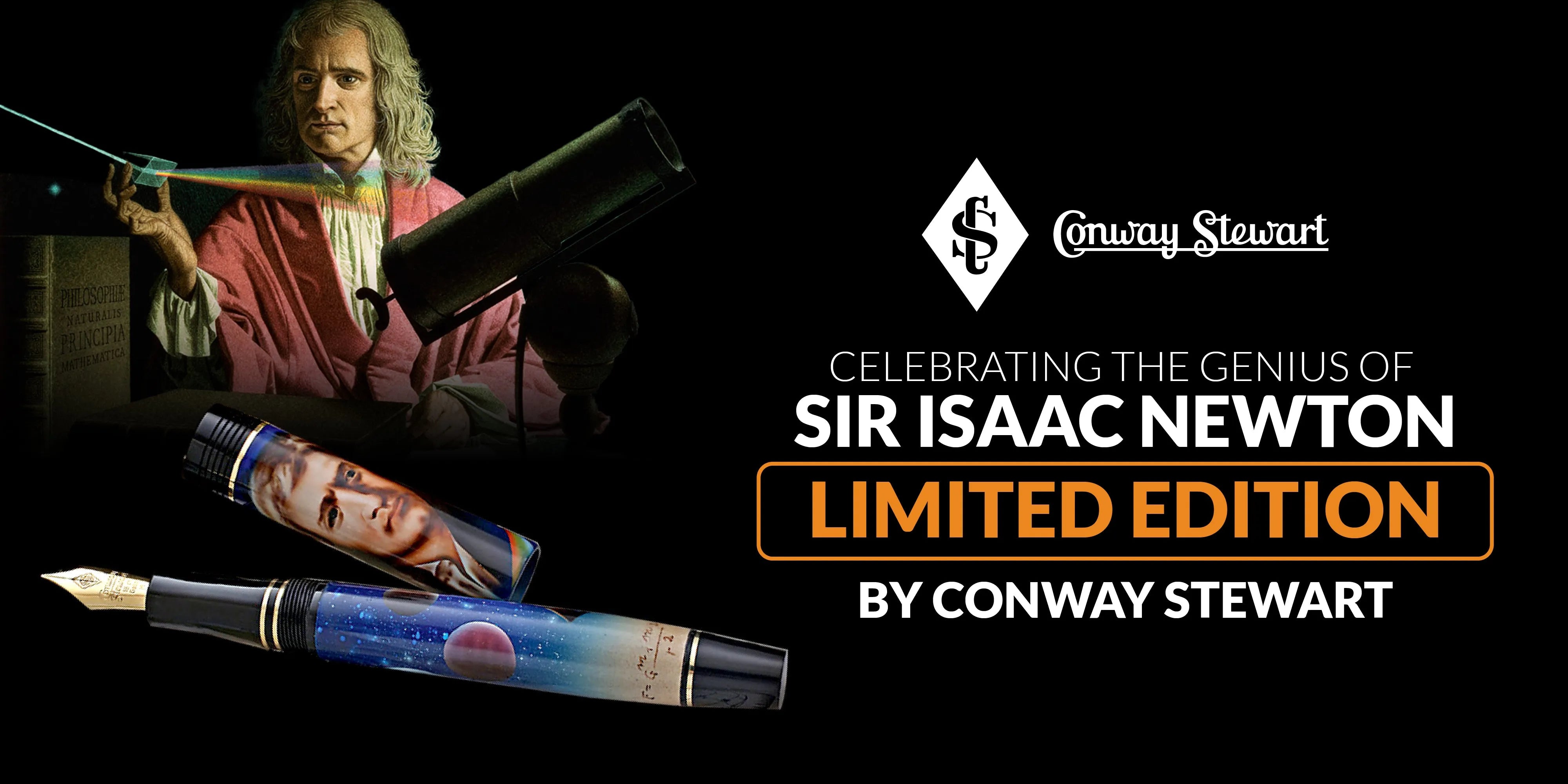 Banner for the Sir Isaac Newton limited edition, a pen with Newton's portrait beside a telescope illustration