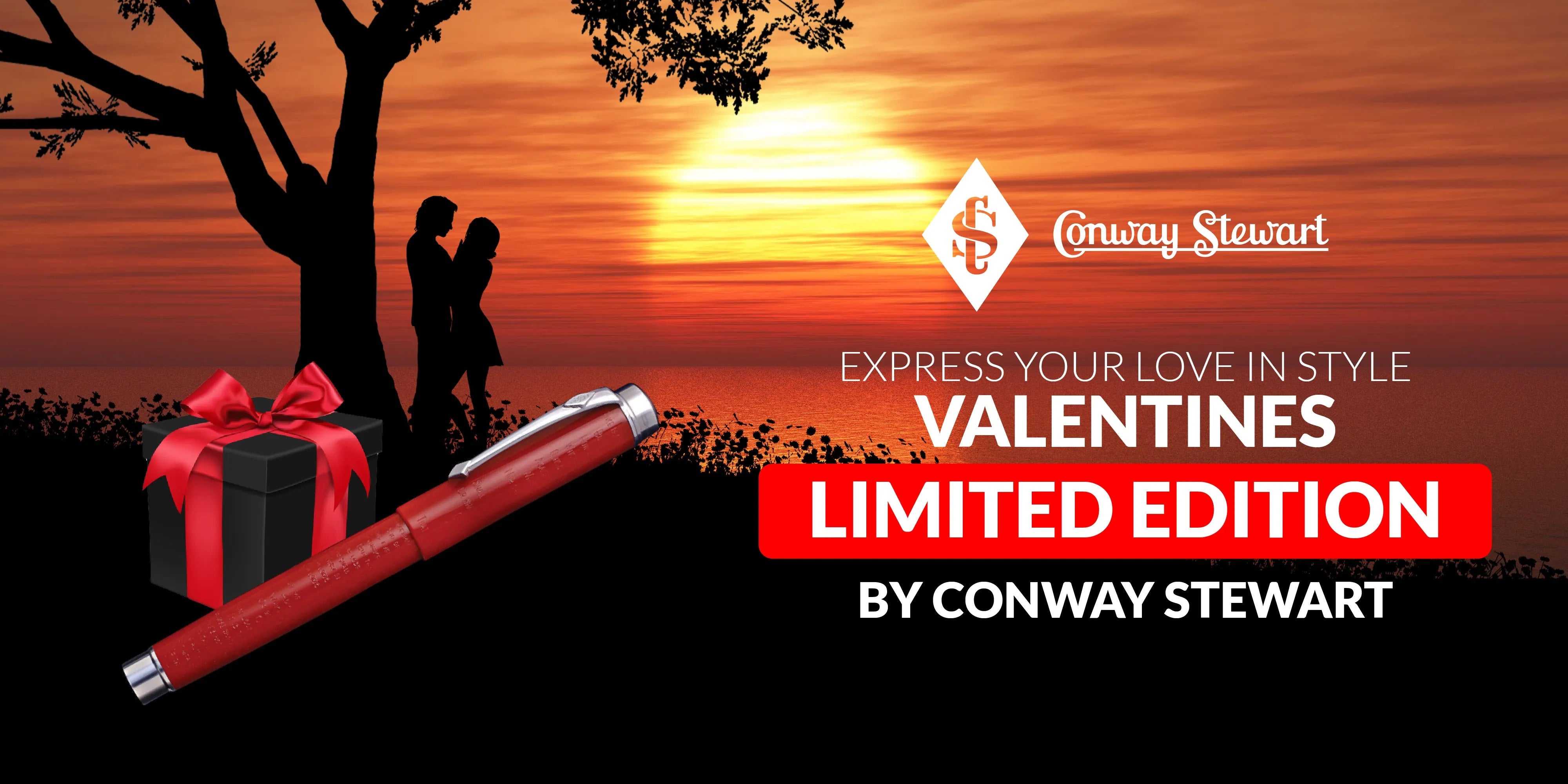 Banner for the Valentines limited edition, a red textured pen beside a gift box against a sunset silhouette
