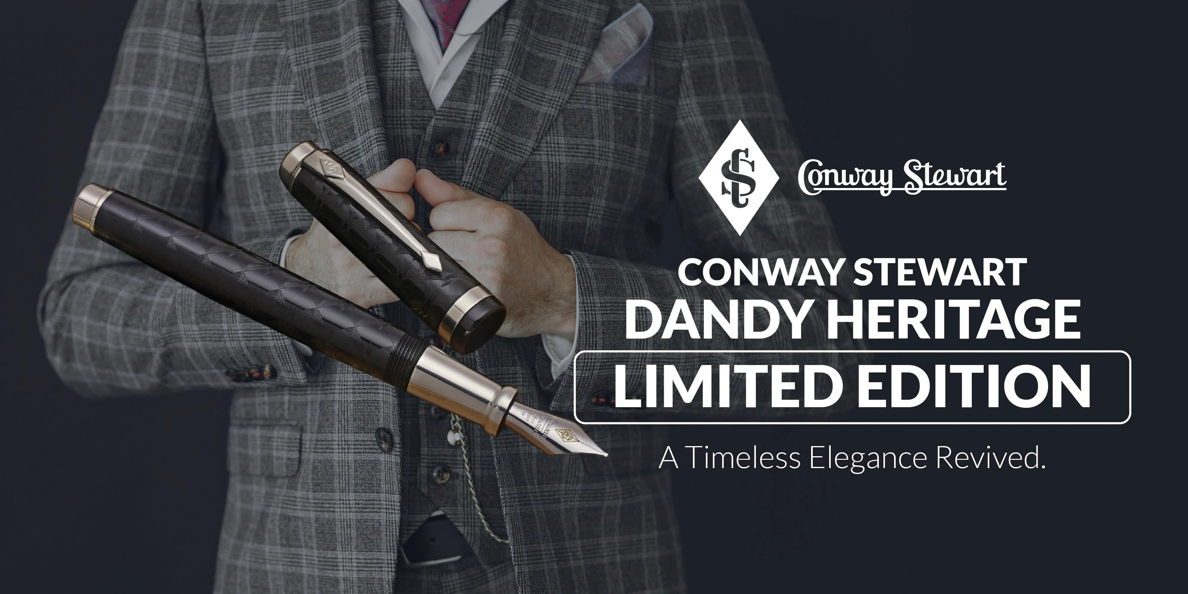 Banner for the Dandy Heritage limited edition, a person in a tweed suit holding two black textured fountain pens