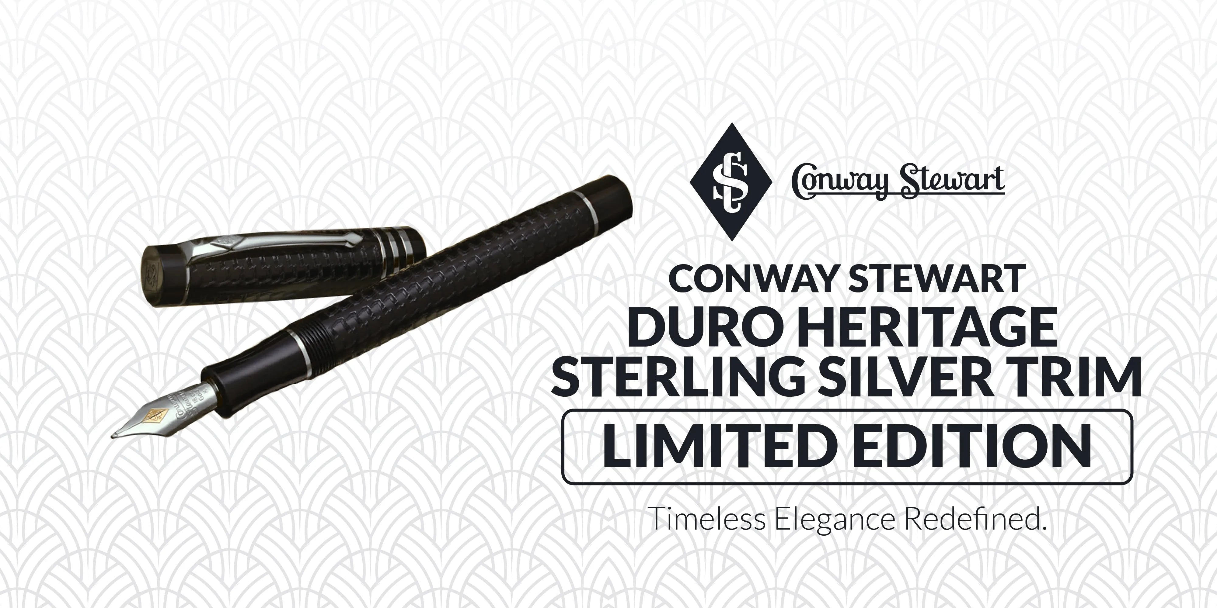 Banner for the Duro Heritage Sterling Silver Trim limited edition, a black textured fountain pen with silver trim
