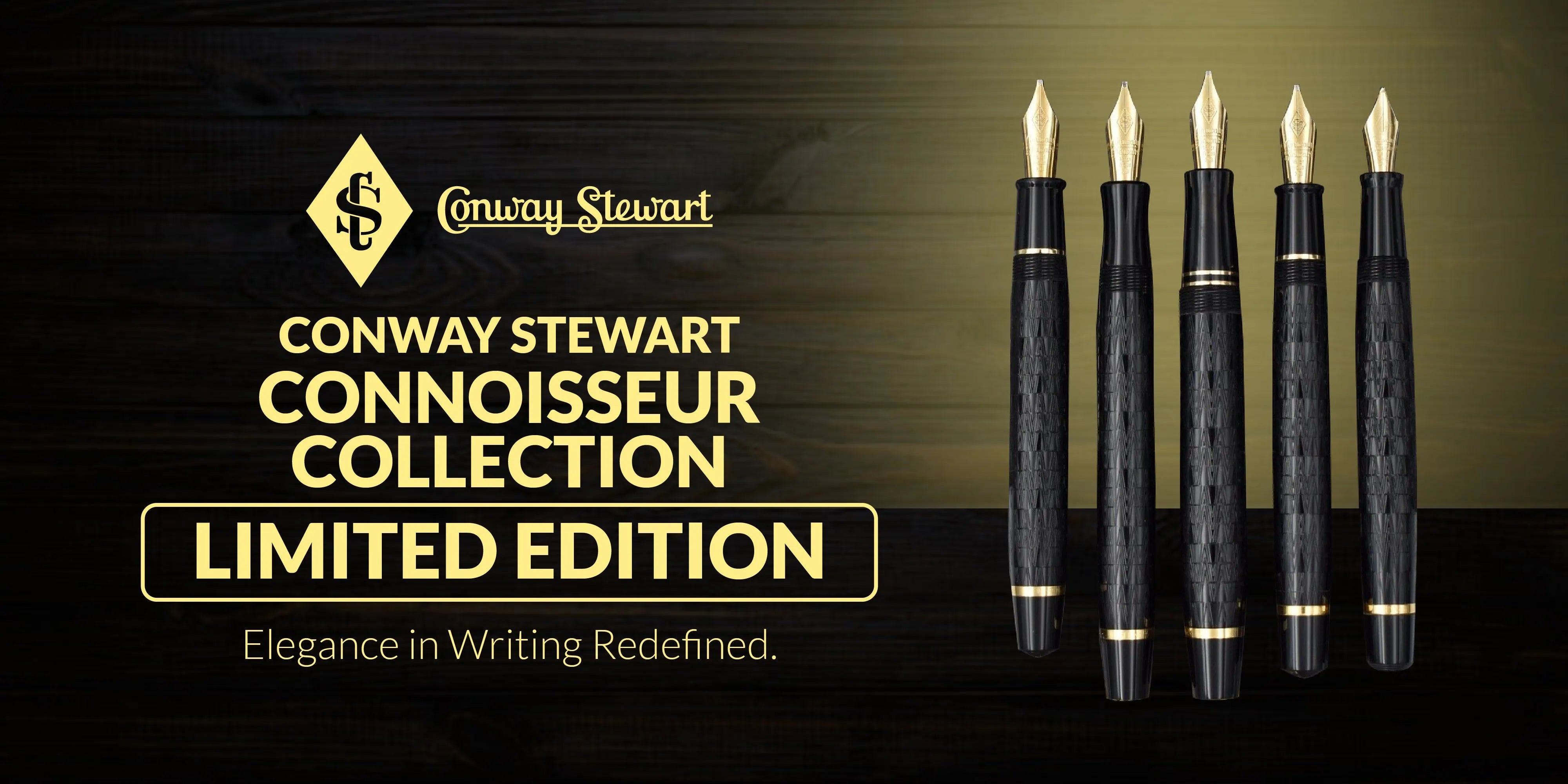 Banner for the Connoisseur Collection limited edition, five black textured fountain pens with gold trim