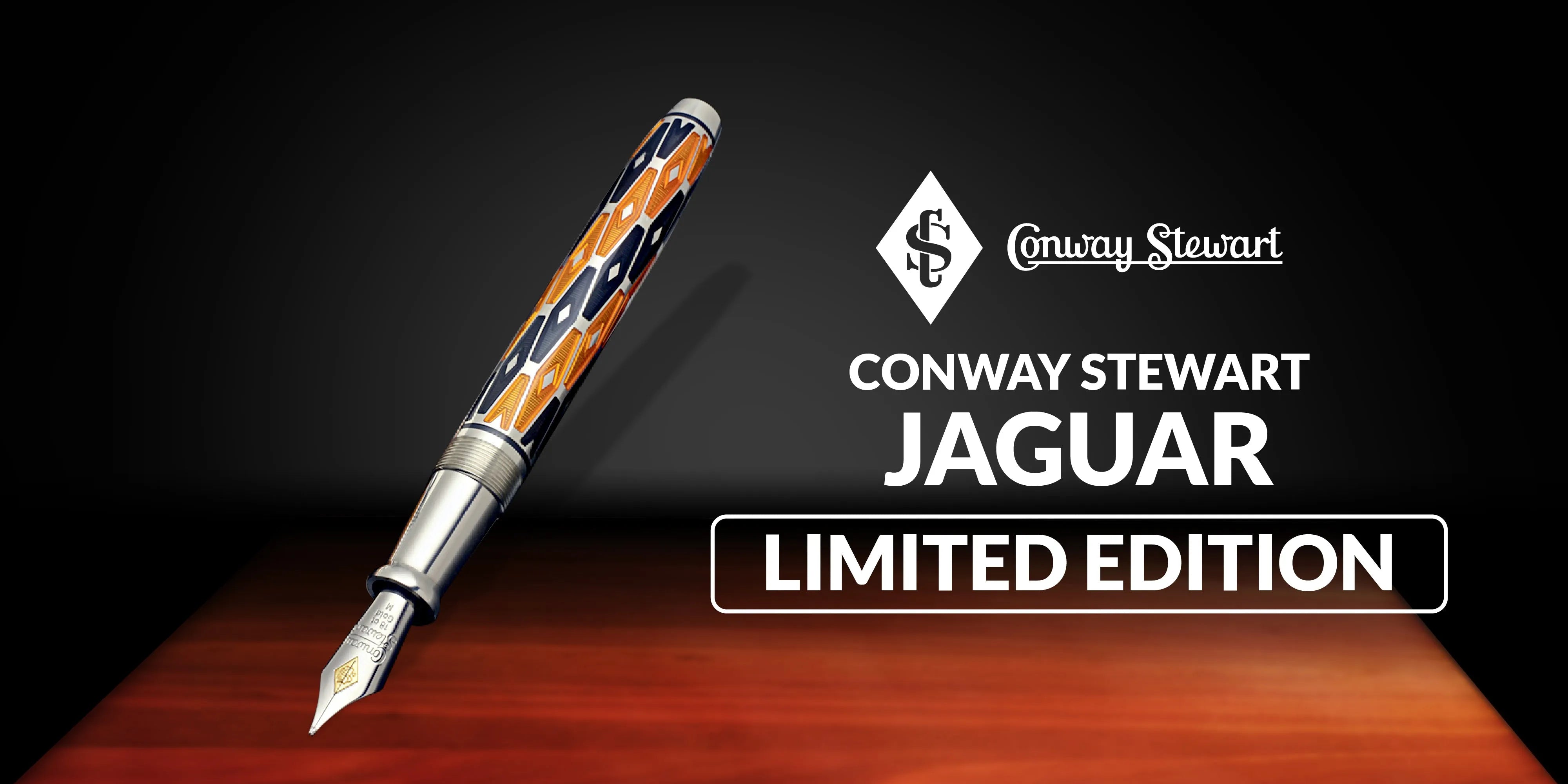 Banner for the Jaguar limited edition, an orange and black patterned fountain pen on a reflective wood surface