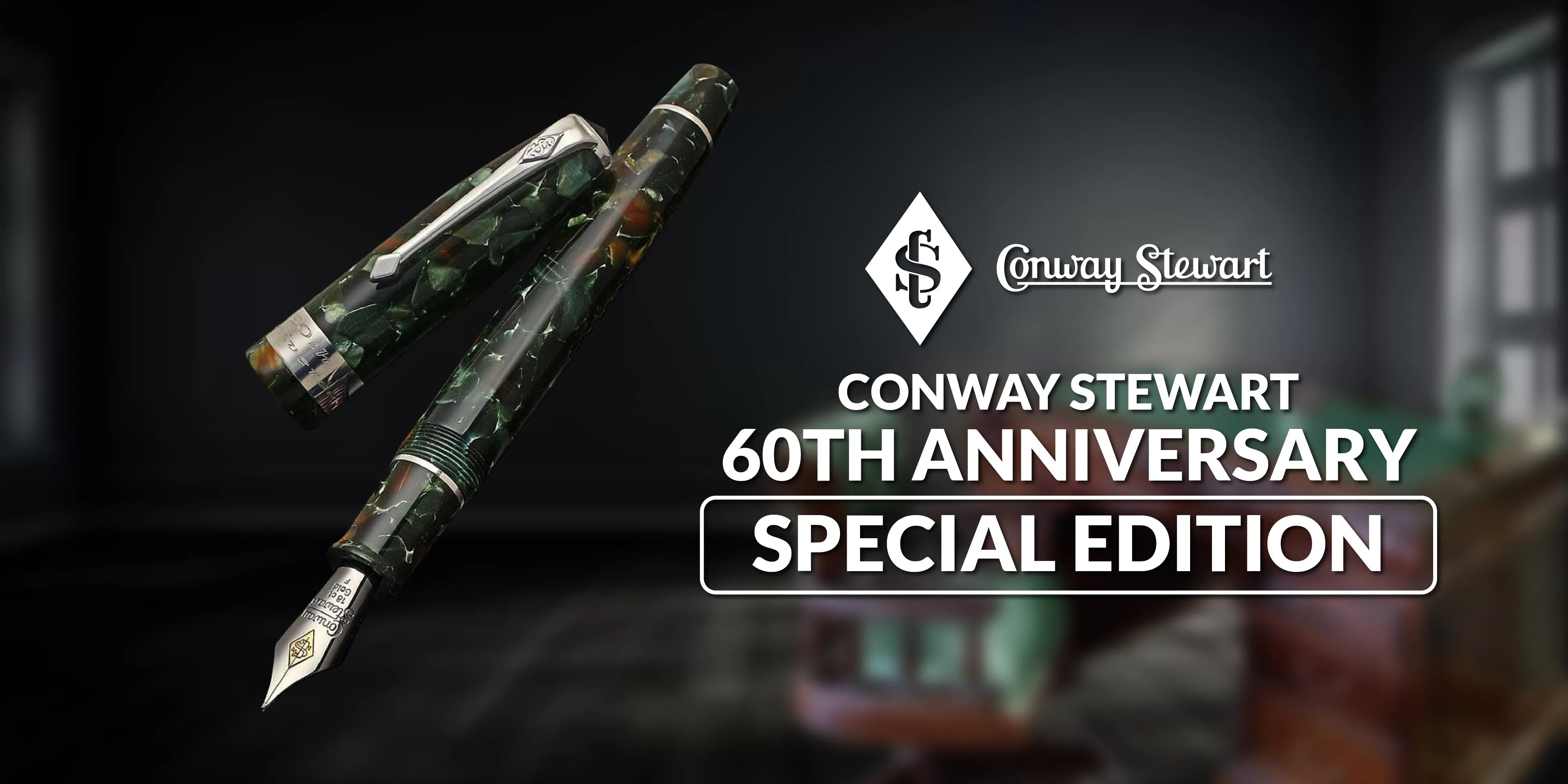 Banner for the 60th Anniversary 100 Series special edition, a green marbled fountain pen shown capped and uncapped