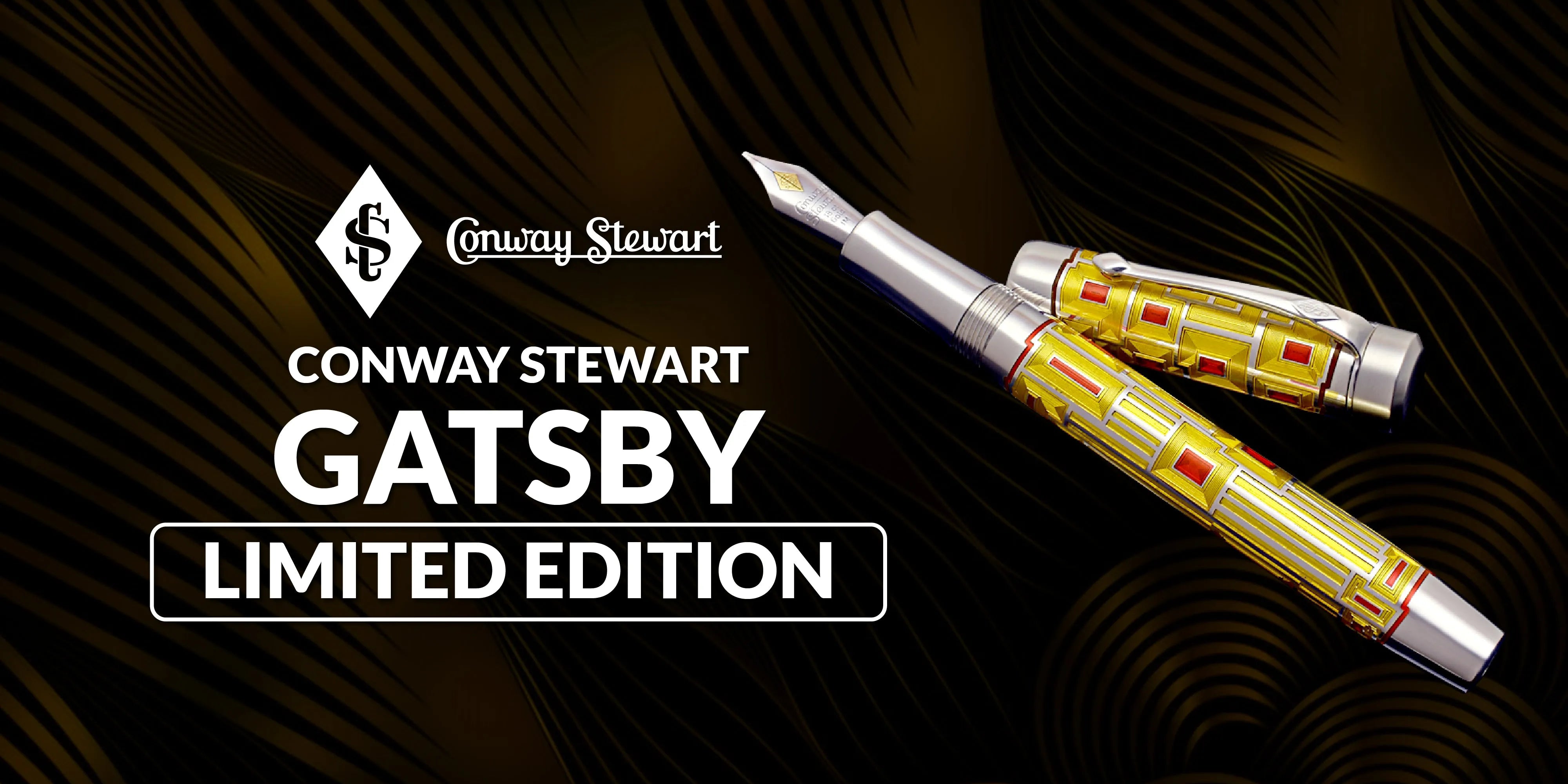 Banner for the Gatsby limited edition, a yellow and silver patterned fountain pen and cap