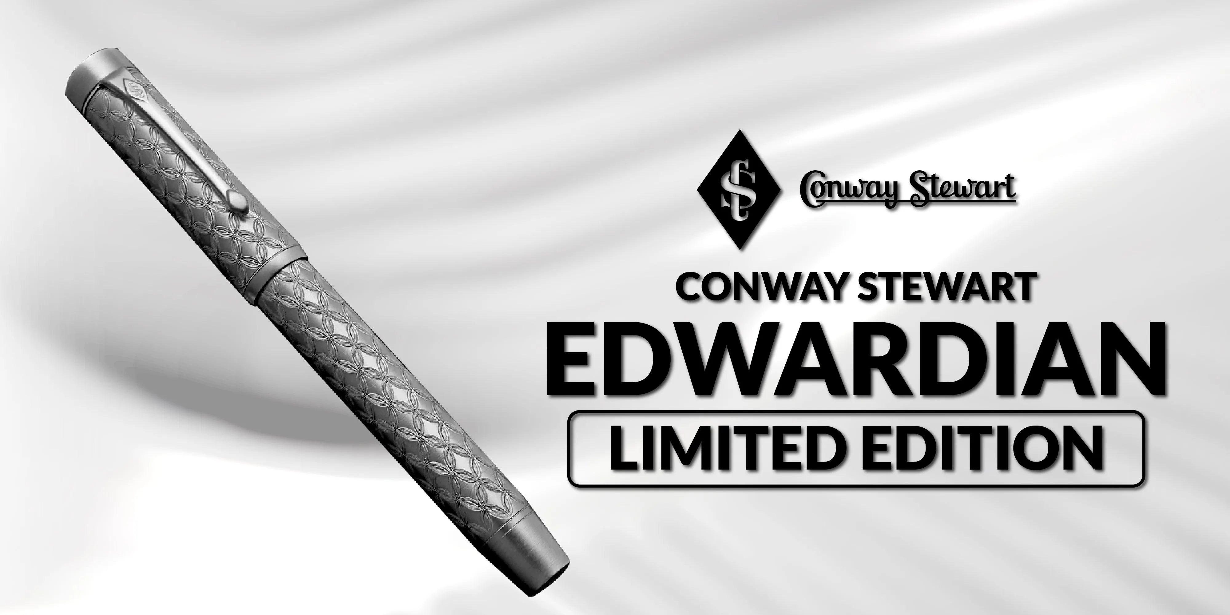 Banner for the Edwardian limited edition, a silver textured fountain pen against a light fabric backdrop