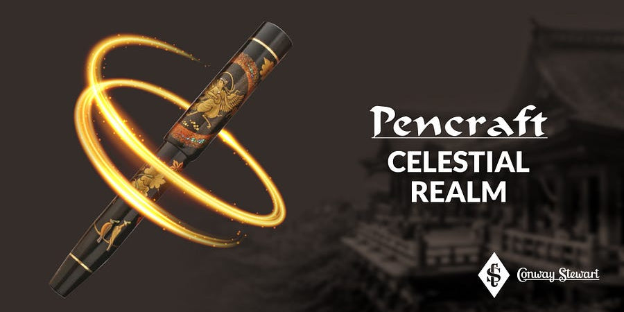 Pencraft Celestial Realm banner, a black fountain pen with gold dragon design encircled by golden light trails