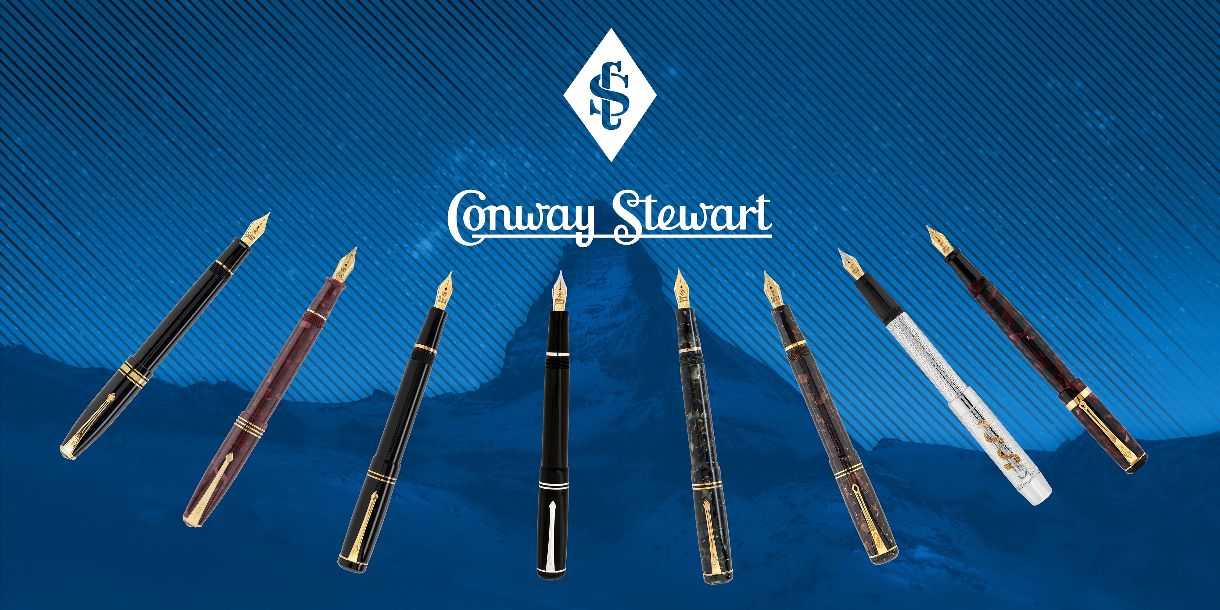 Nib size comparison graphic showing eight fountain pens with differing nib styles against a mountain backdrop
