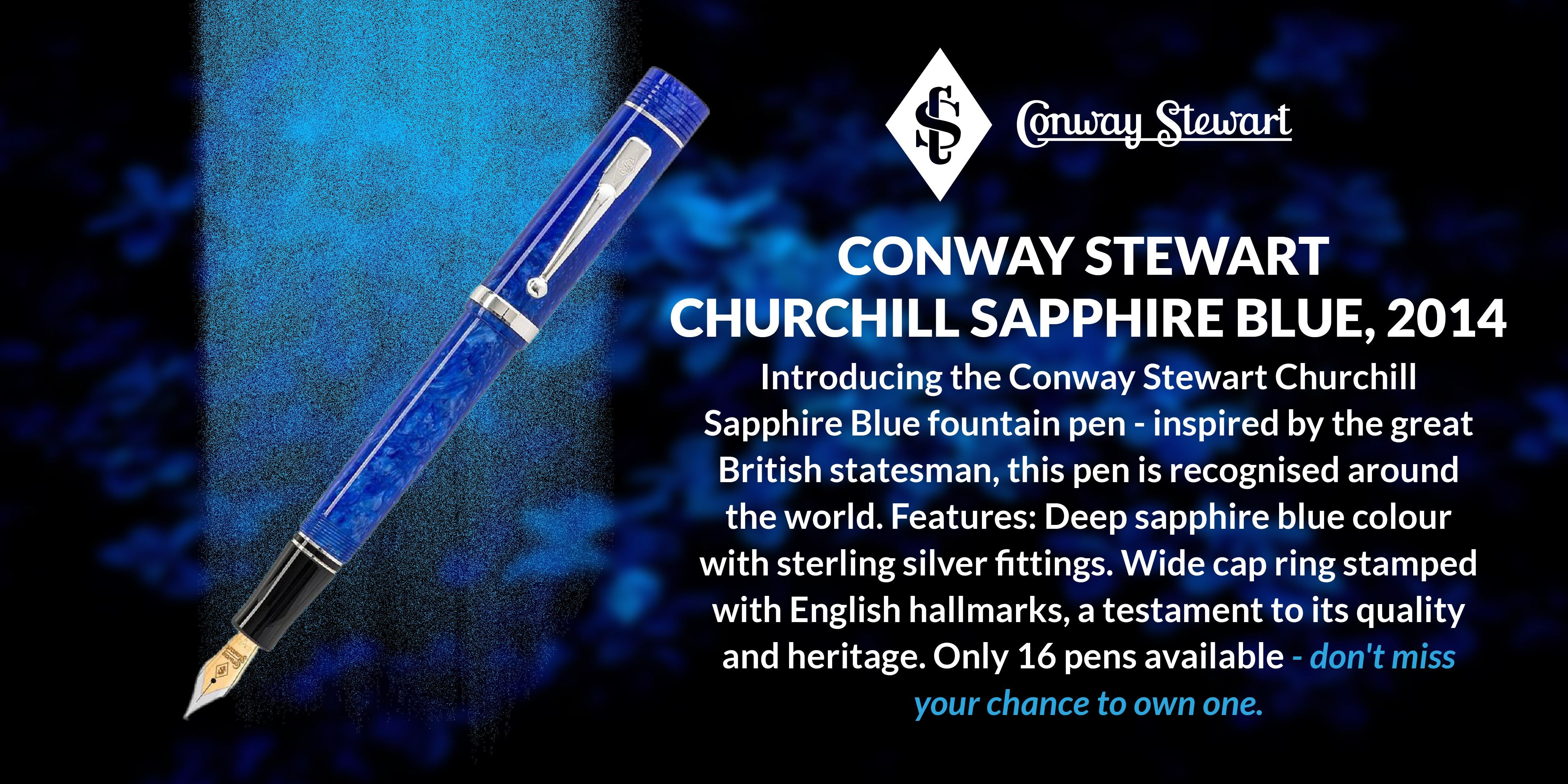 Banner for the Churchill Sapphire Blue pen, a deep blue marbled fountain pen with silver fittings