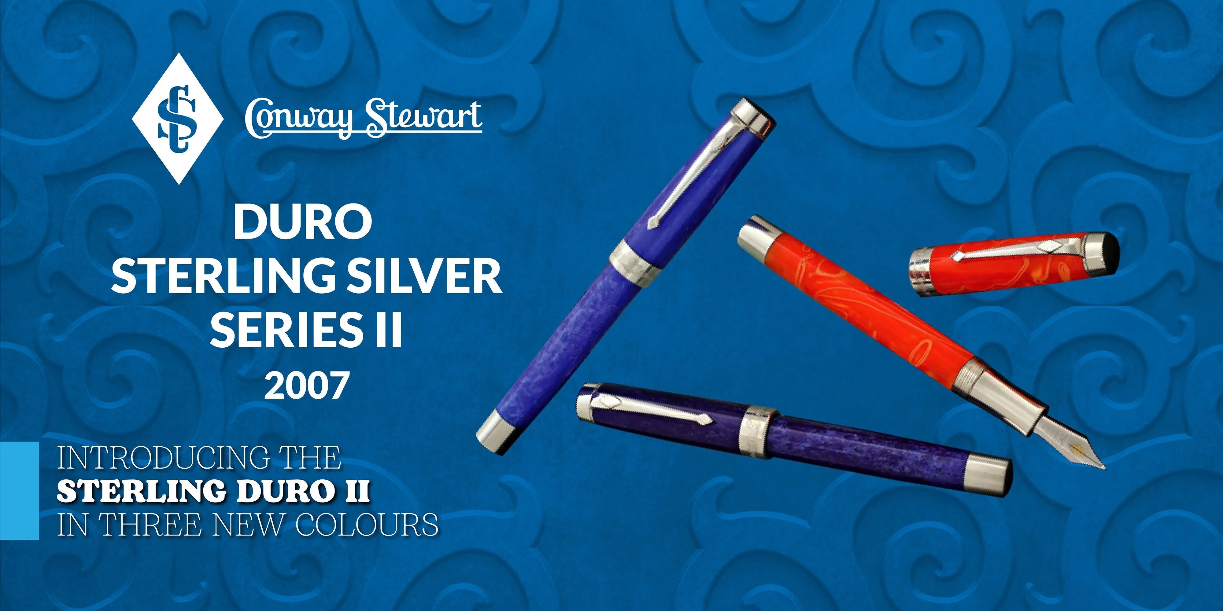 Banner for the Duro Sterling Silver Series II, three fountain pens in purple, red and silver finishes