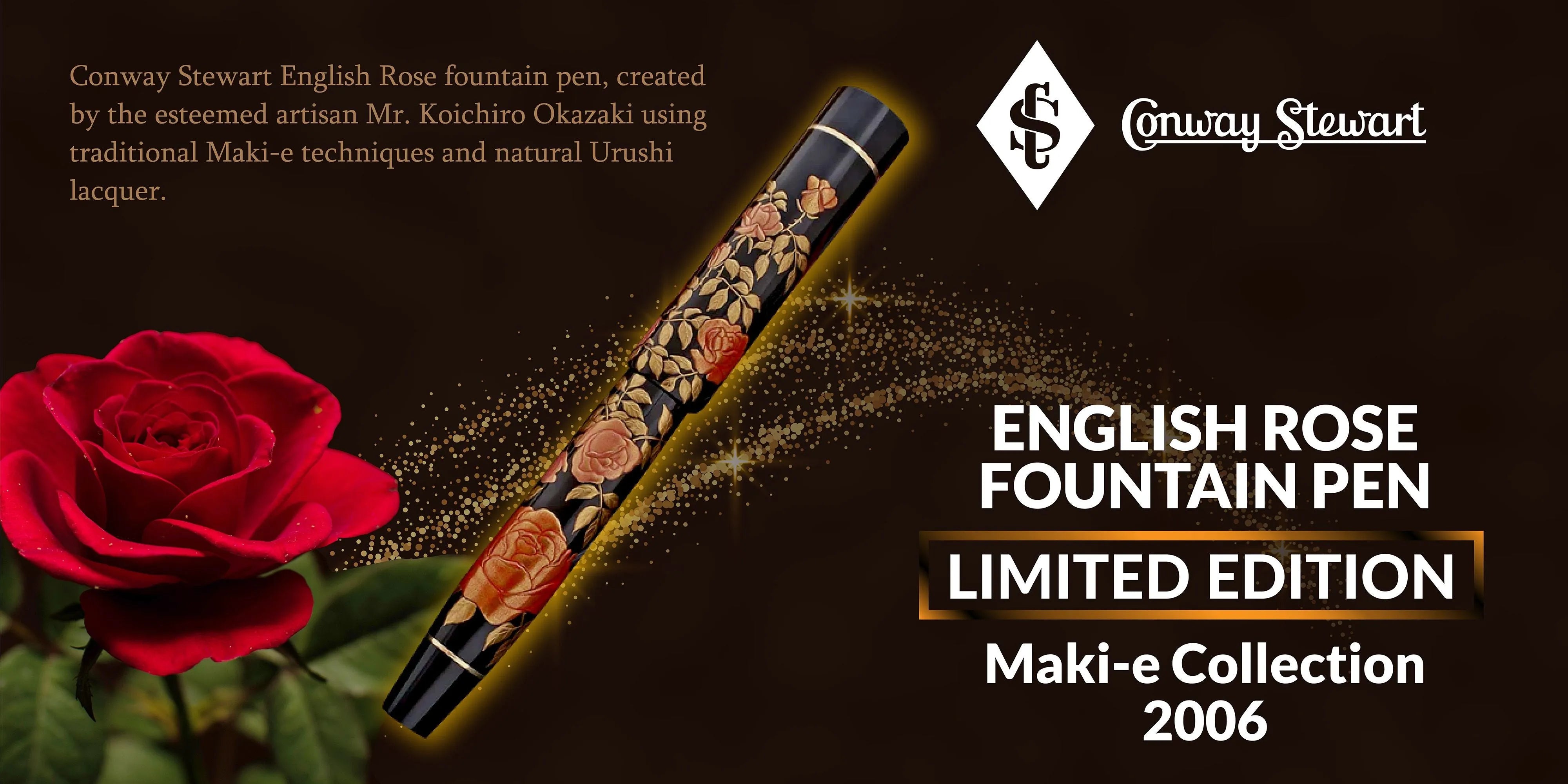 Banner for the English Rose Maki-e fountain pen, black lacquer pen with gold rose design beside a red rose