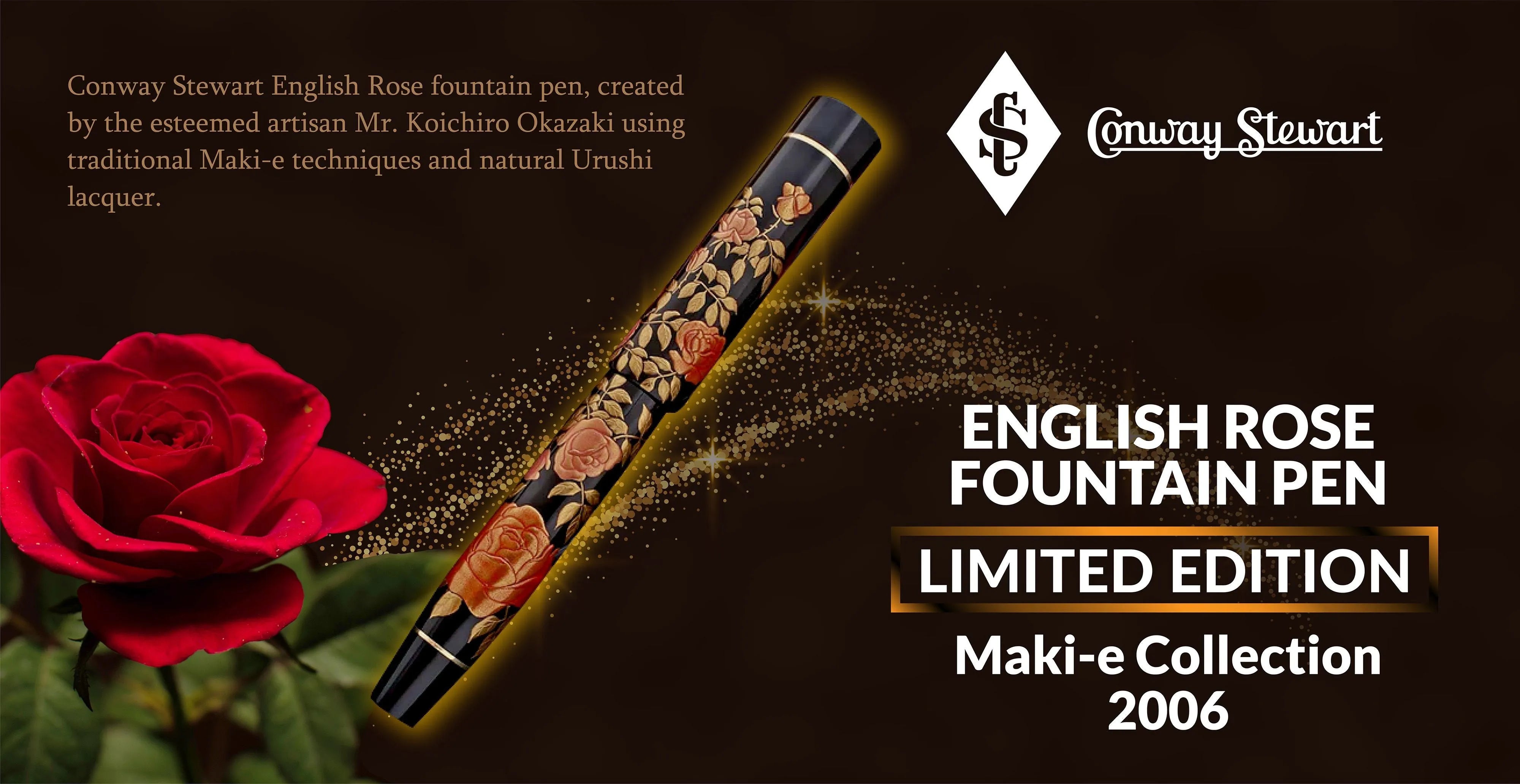 Banner for the English Rose Maki-e fountain pen, black lacquer pen with gold rose design beside a red rose