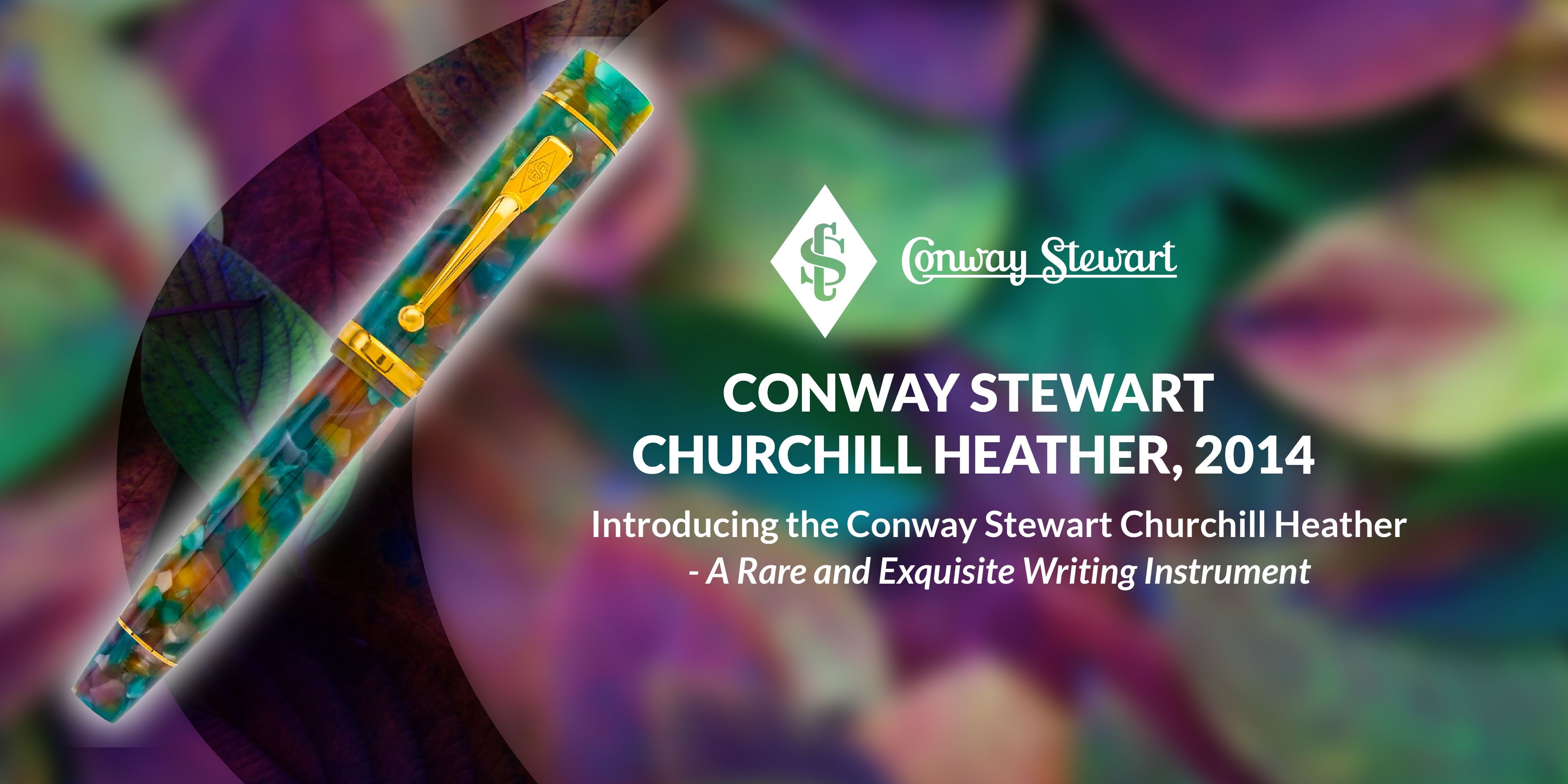 Banner for the Churchill Heather pen, a teal and purple marbled fountain pen over a floral backdrop