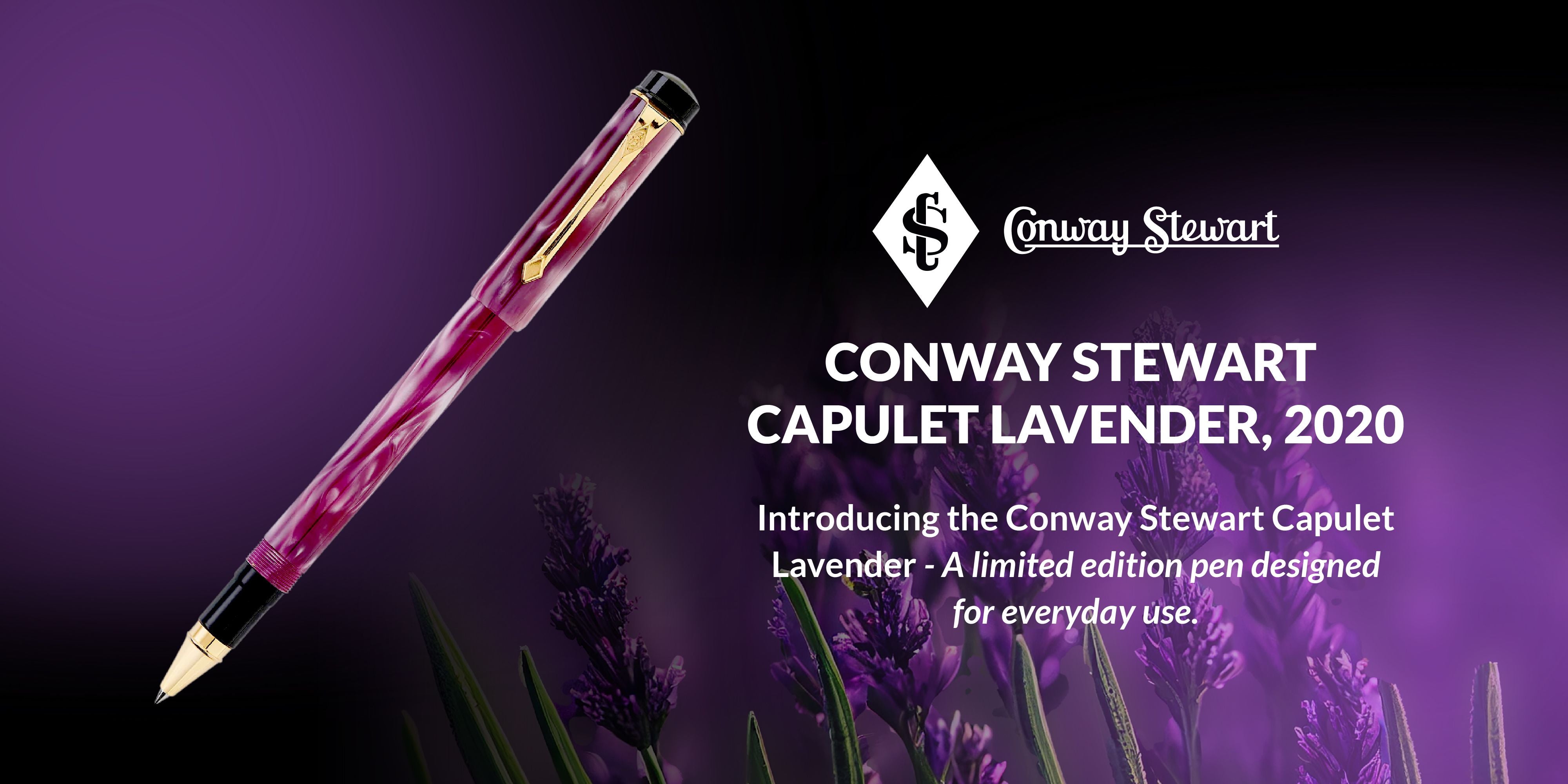 Banner for the Capulet Lavender pen, a purple marbled fountain pen against a lavender field