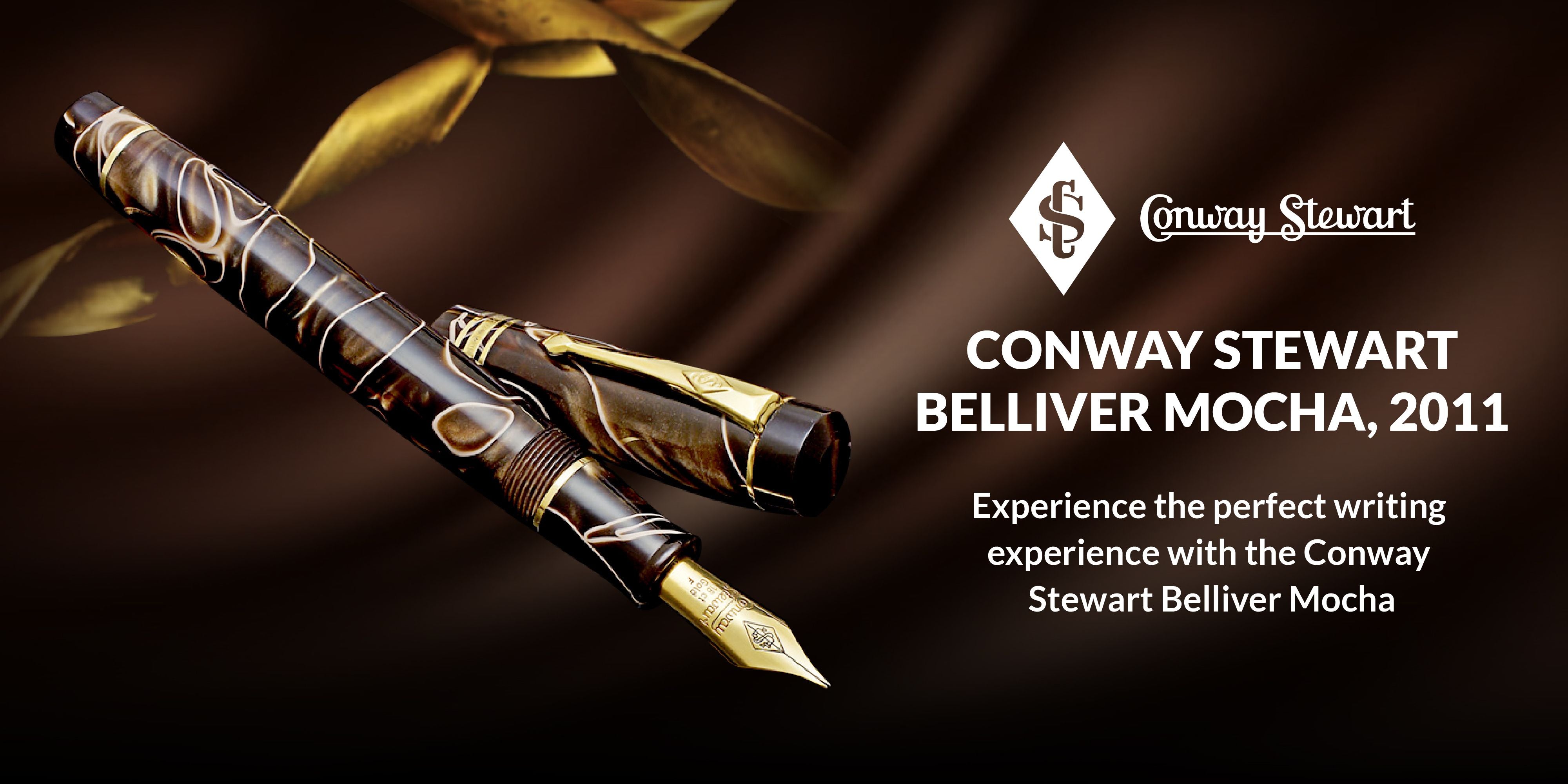 Banner for the Belliver Mocha pen, a brown and gold marbled fountain pen shown capped and uncapped