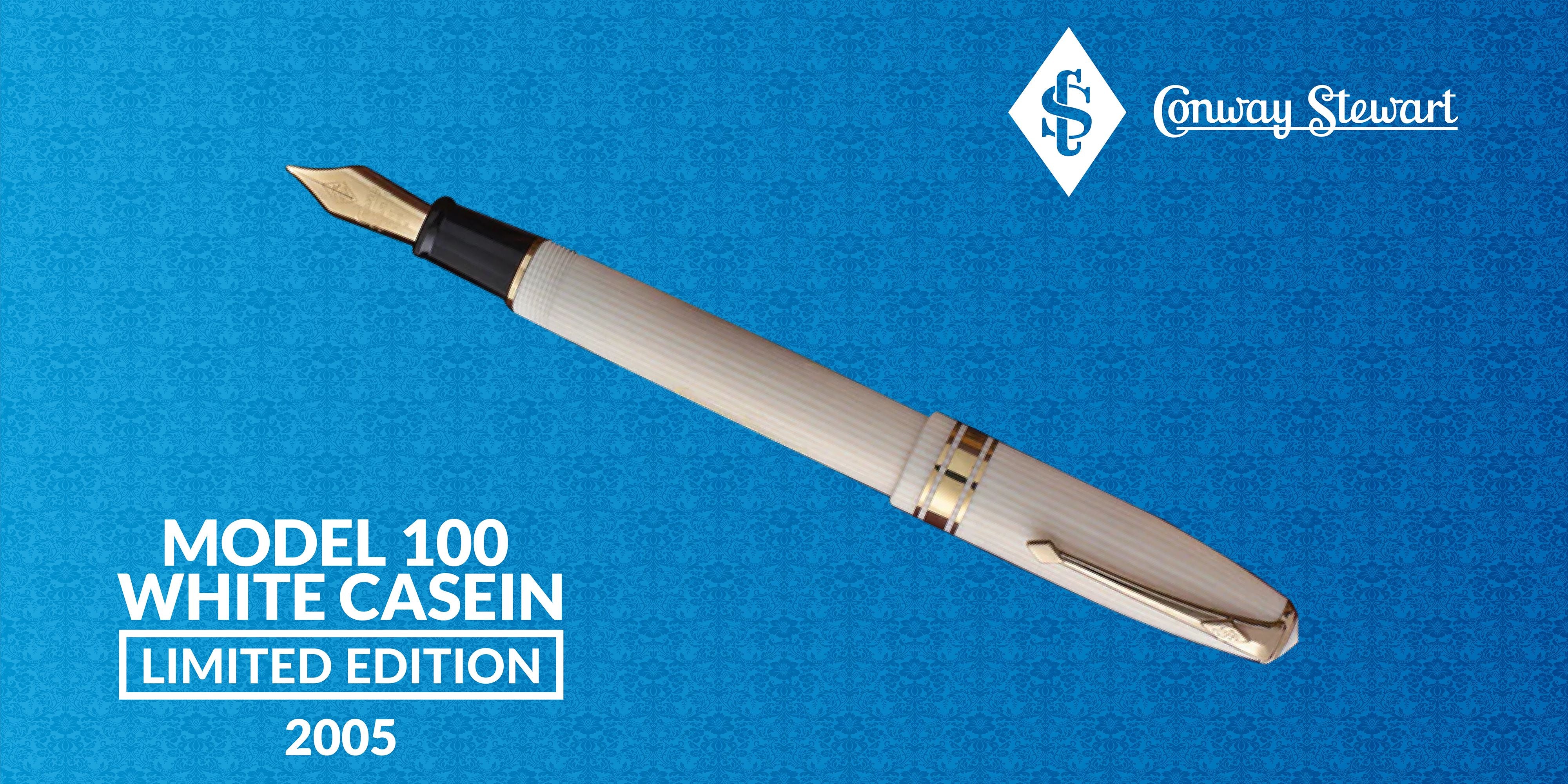 Banner for the Model 100 White Casein limited edition, a cream fountain pen with gold trim on a blue background