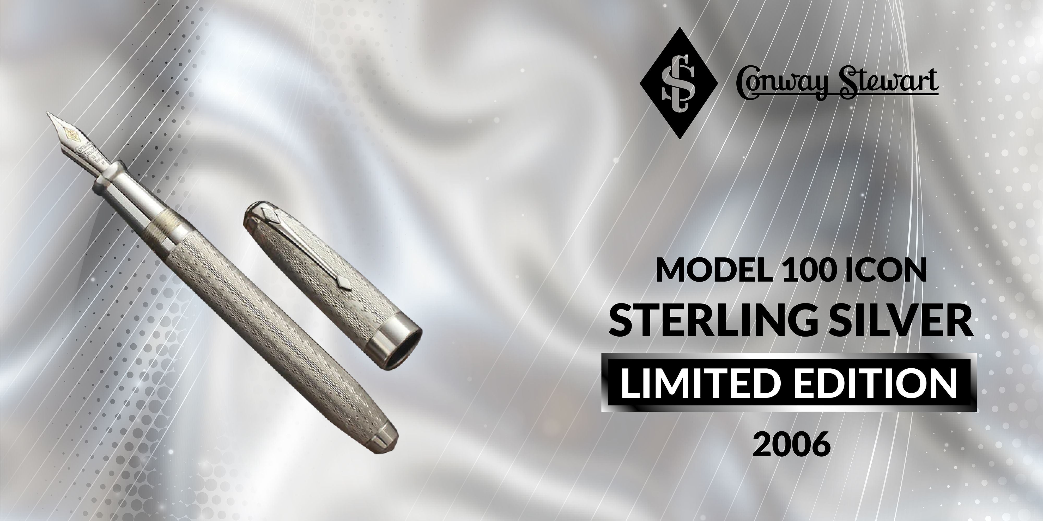 Banner for the Model 100 Icon Sterling Silver limited edition, a textured silver pen capped and uncapped