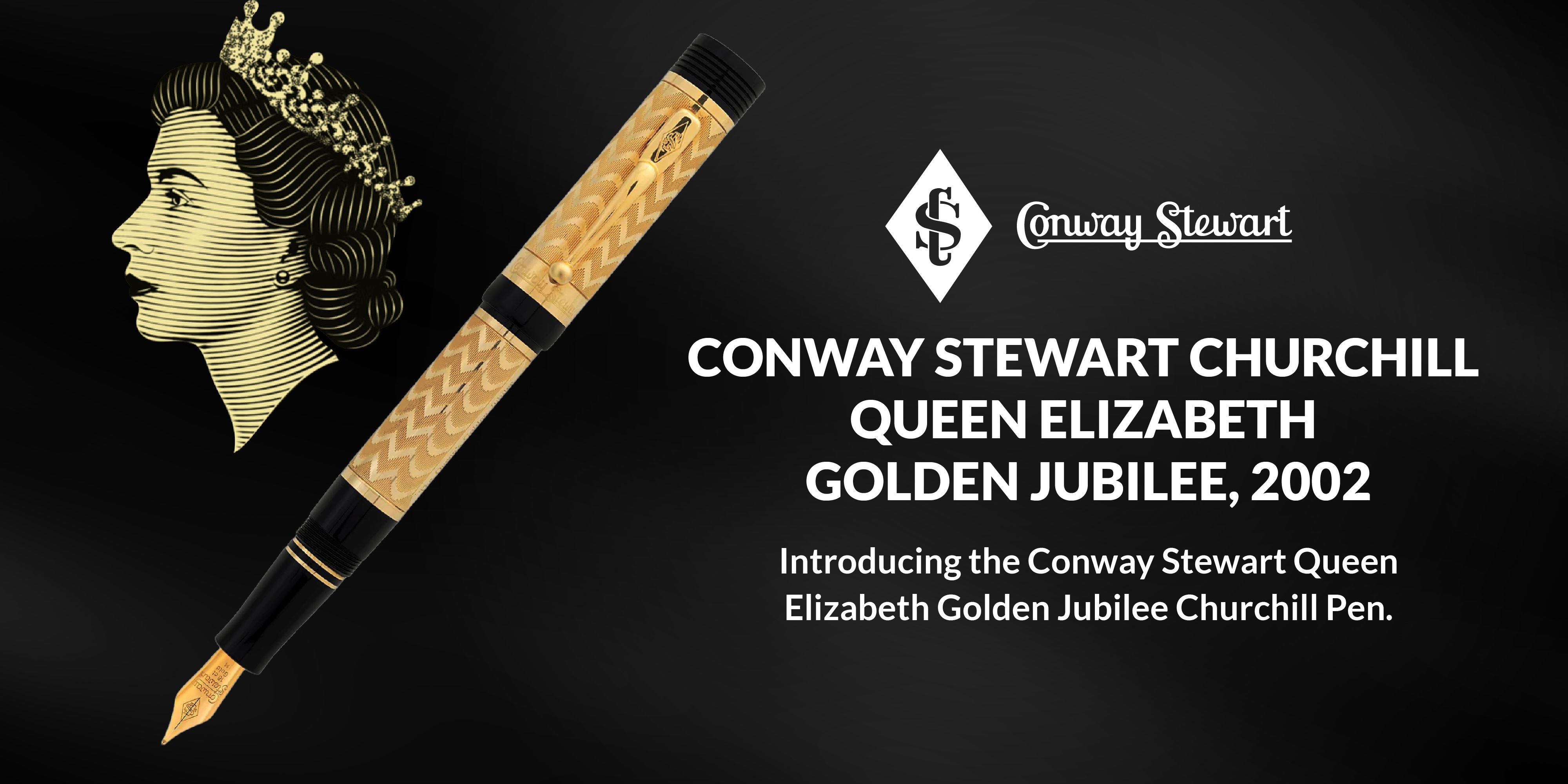 Banner for the Churchill Queen Elizabeth Golden Jubilee pen, a gold textured fountain pen beside a crown motif portrait