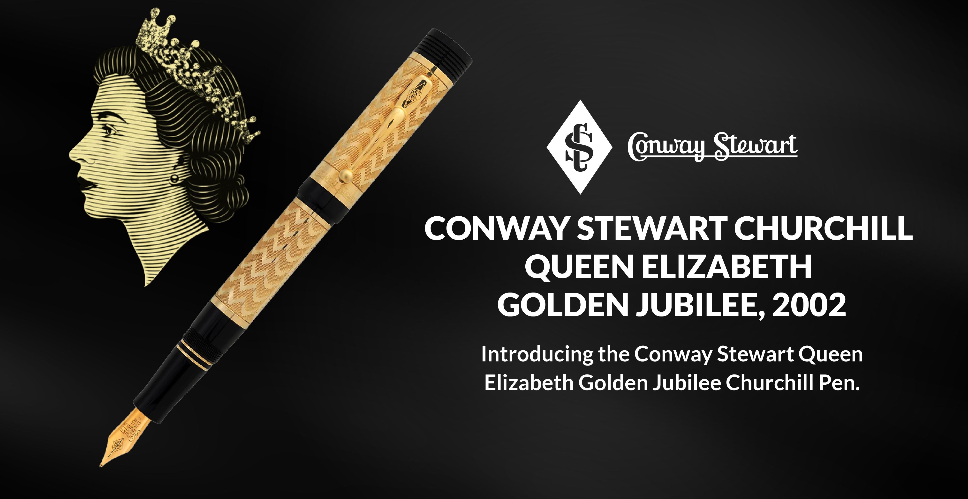Banner for the Churchill Queen Elizabeth Golden Jubilee pen, a gold textured fountain pen beside a crown motif portrait