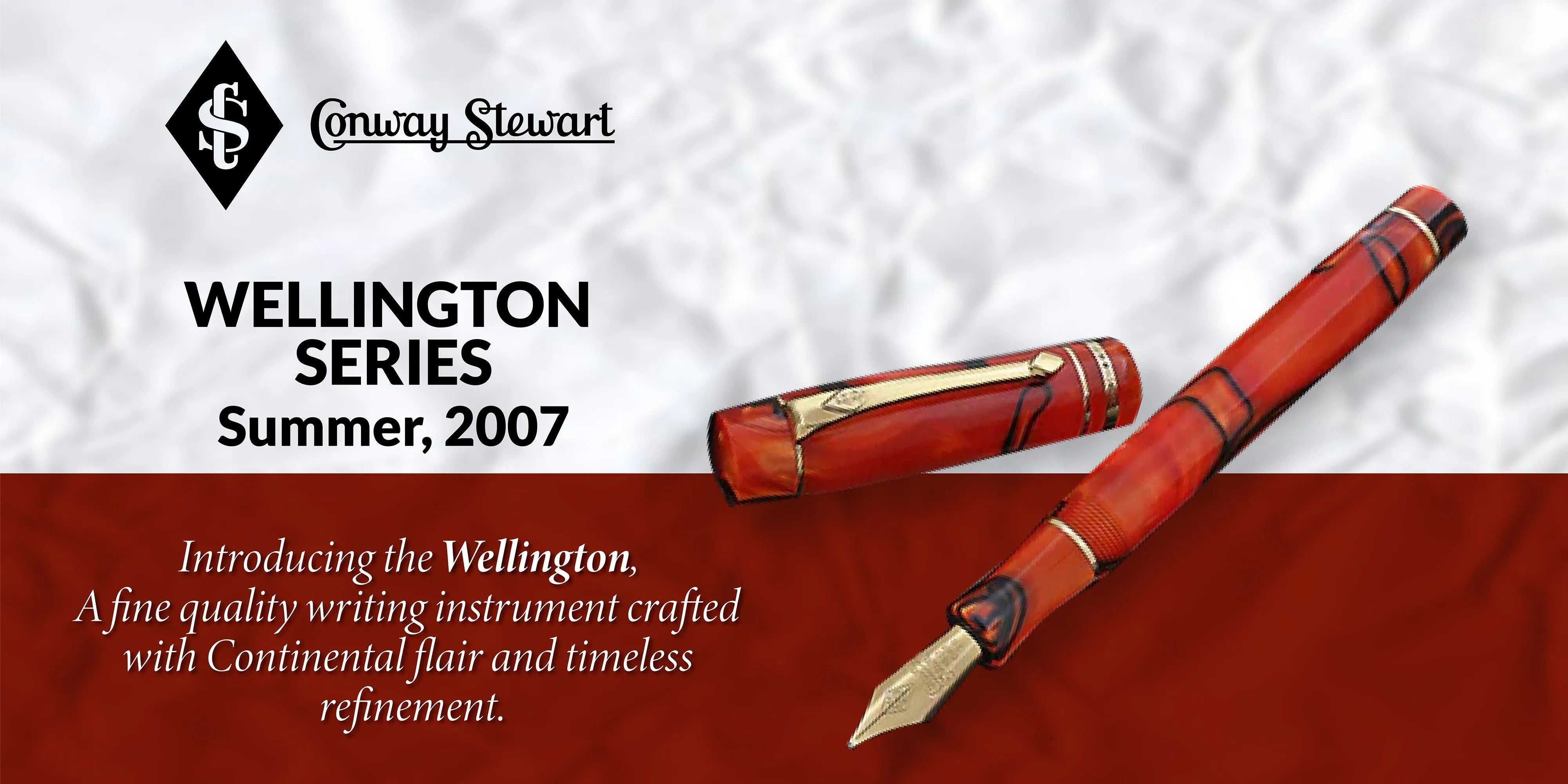 Banner for the Wellington Series, a red marbled fountain pen shown capped and uncapped