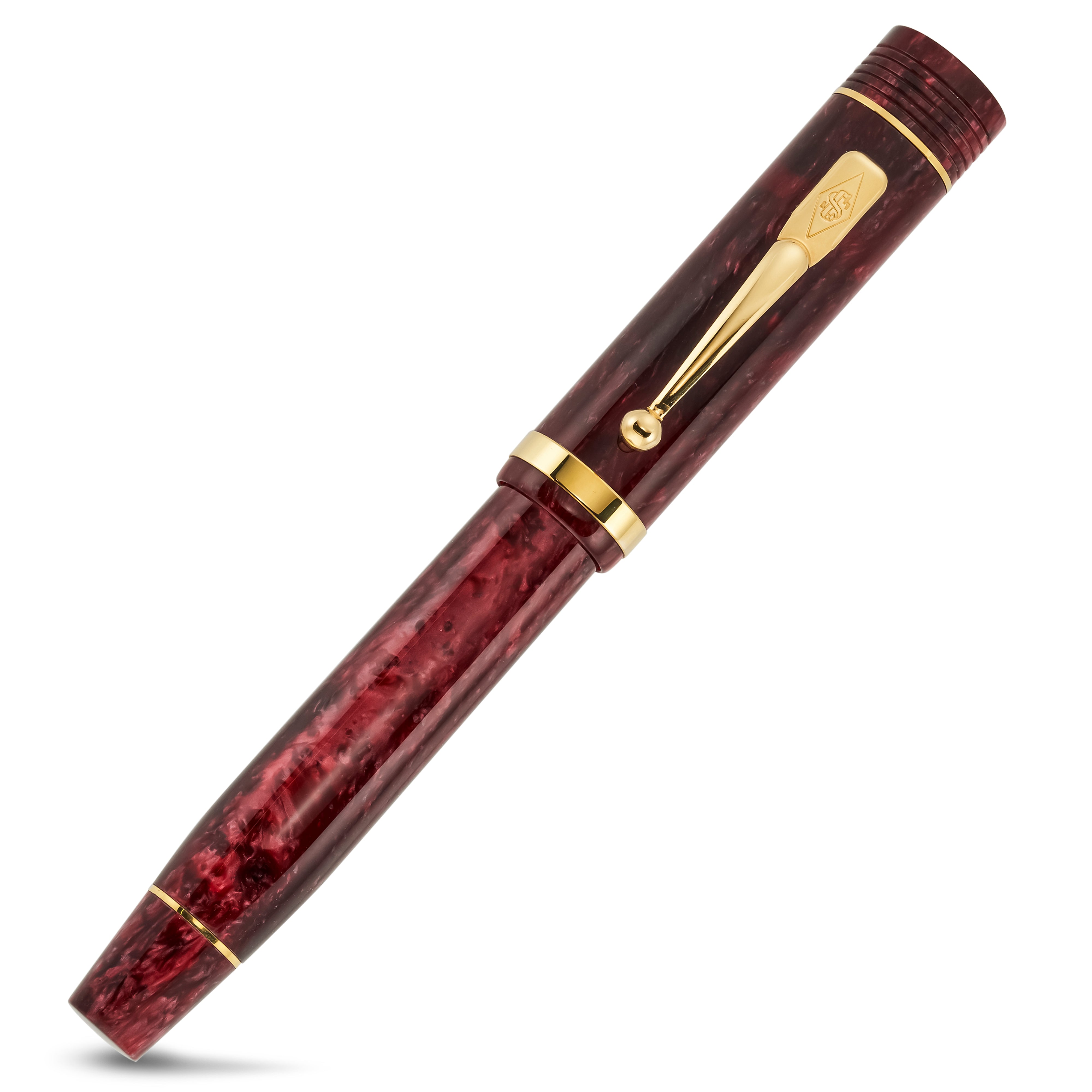 Churchill Burgundy Blush fountain pen capped, angled view of the marbled barrel