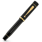 Churchill Classic Black Gold Tintenroller in gespiegeltem Blickwinkel, goldener Clip und Ringe sichtbar