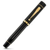 Churchill Classic Black Gold Tintenroller in gespiegeltem Blickwinkel, goldener Clip und Ringe sichtbar