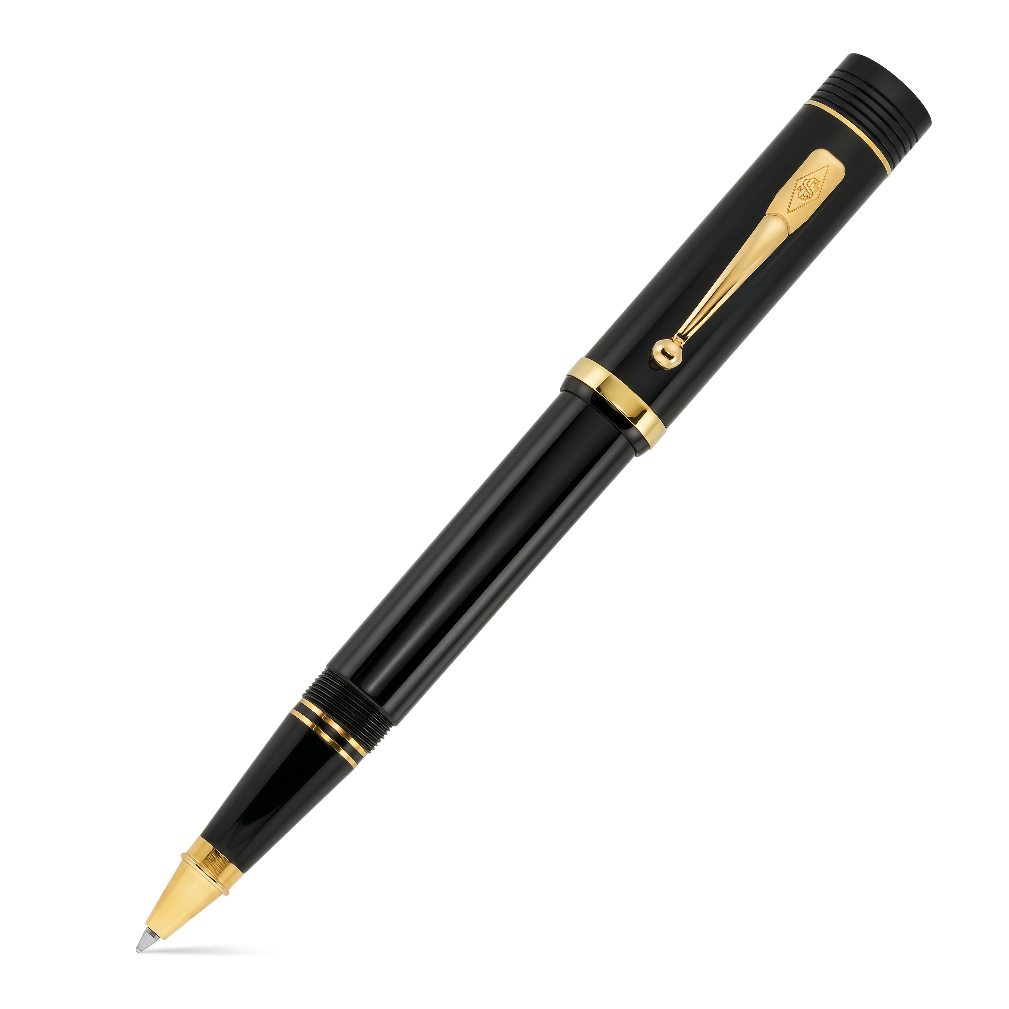 Churchill Classic Black Gold Tintenroller auf weißem Hintergrund, glänzend schwarzes Edelharz mit Goldakzenten