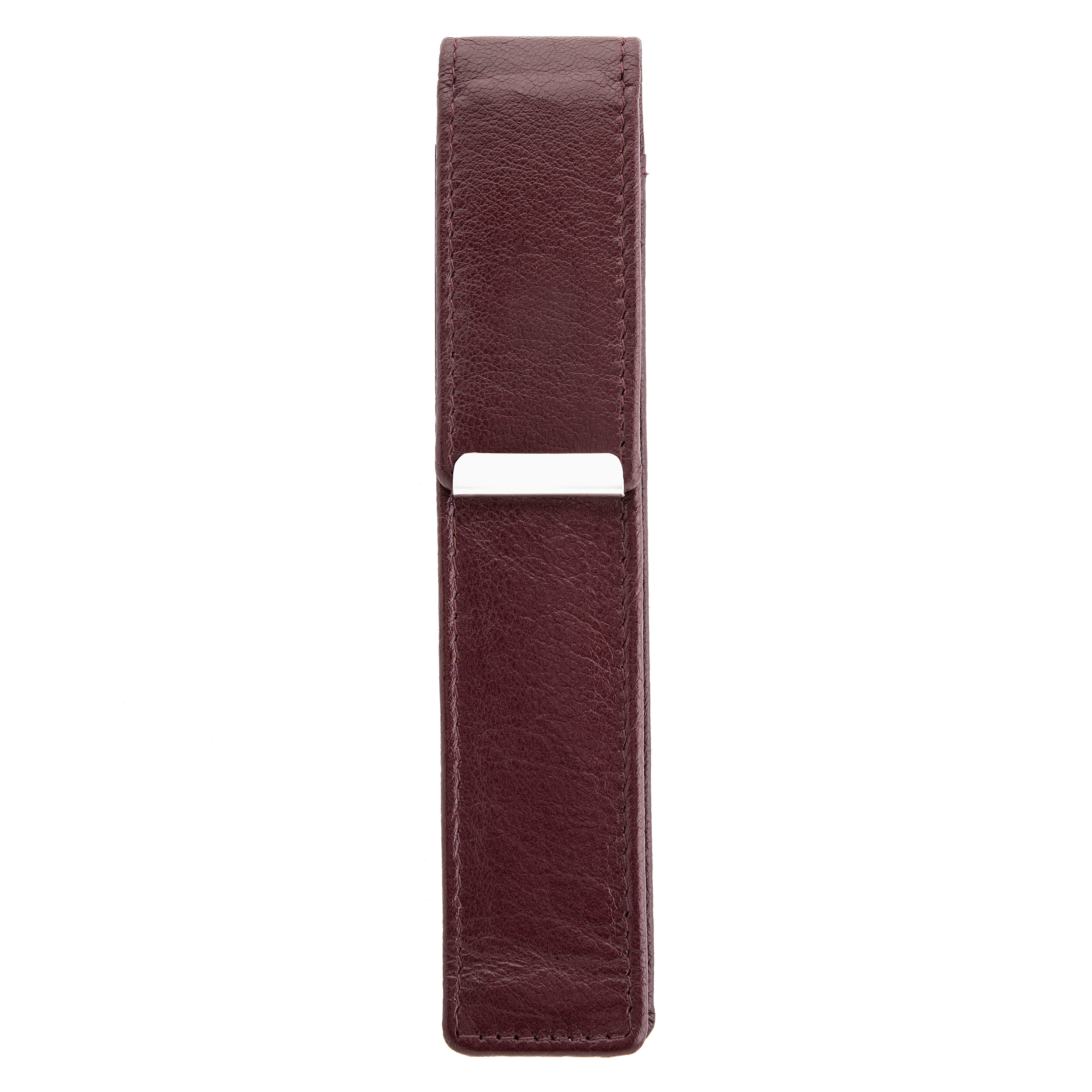 Bordeauxrotes Leder-Einzelstiftetui, geschlossen, mit silbernem Clip