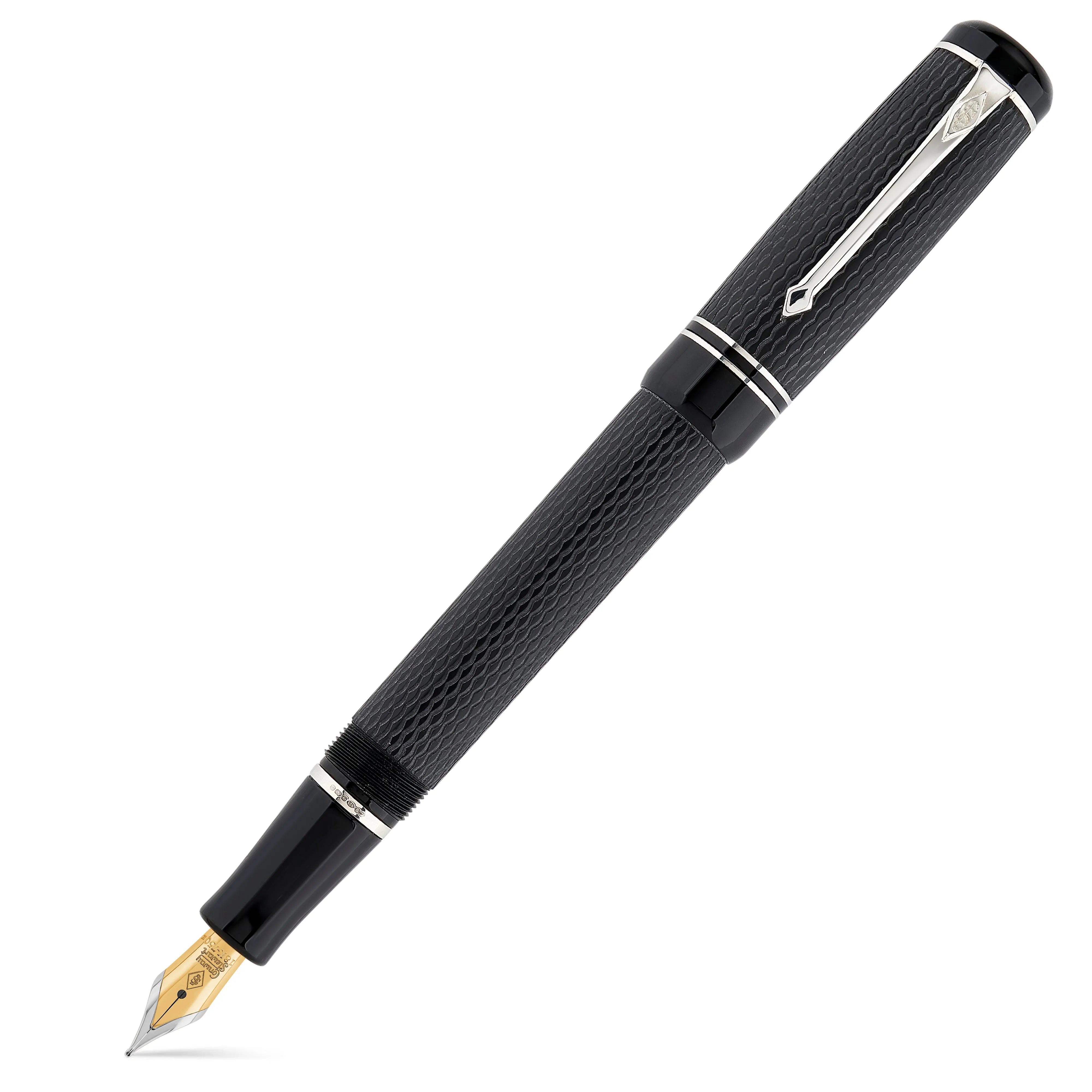 Estilográfica Conway Stewart Winston Chased Classic Black Silver con capuchón, cuerpo negro guilloché con detalles plateados