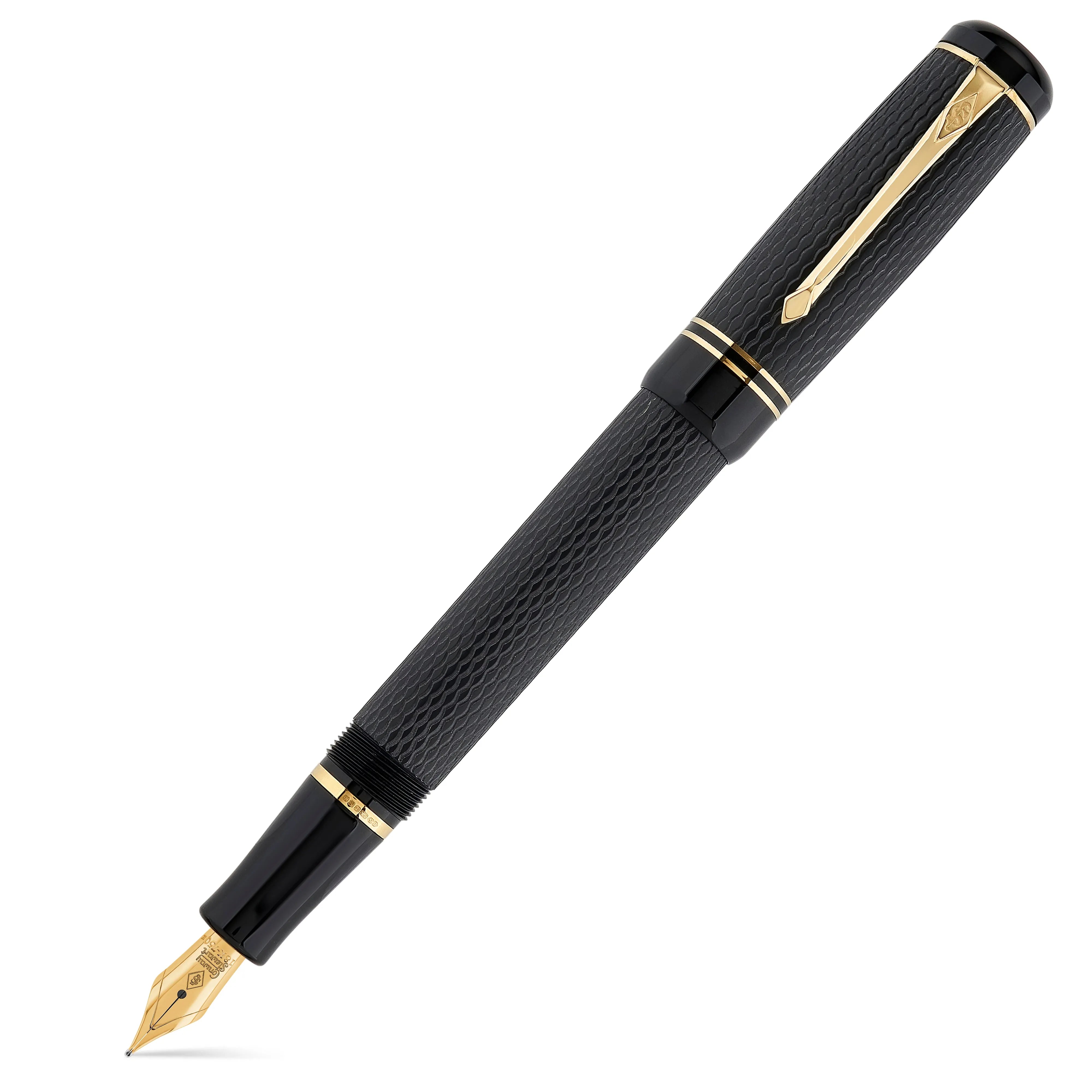 Pluma estilográfica Conway Stewart Winston Chased en negro y dorado, con el capuchón puesto, patrón guilloché
