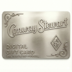 Conway Stewart digital gift card for one thousand pounds, pewter plaque design with scroll flourishes