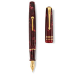 Conway Stewart burgundy marbled fountain pen and its cap shown separately, overhead view, gold clip and finial