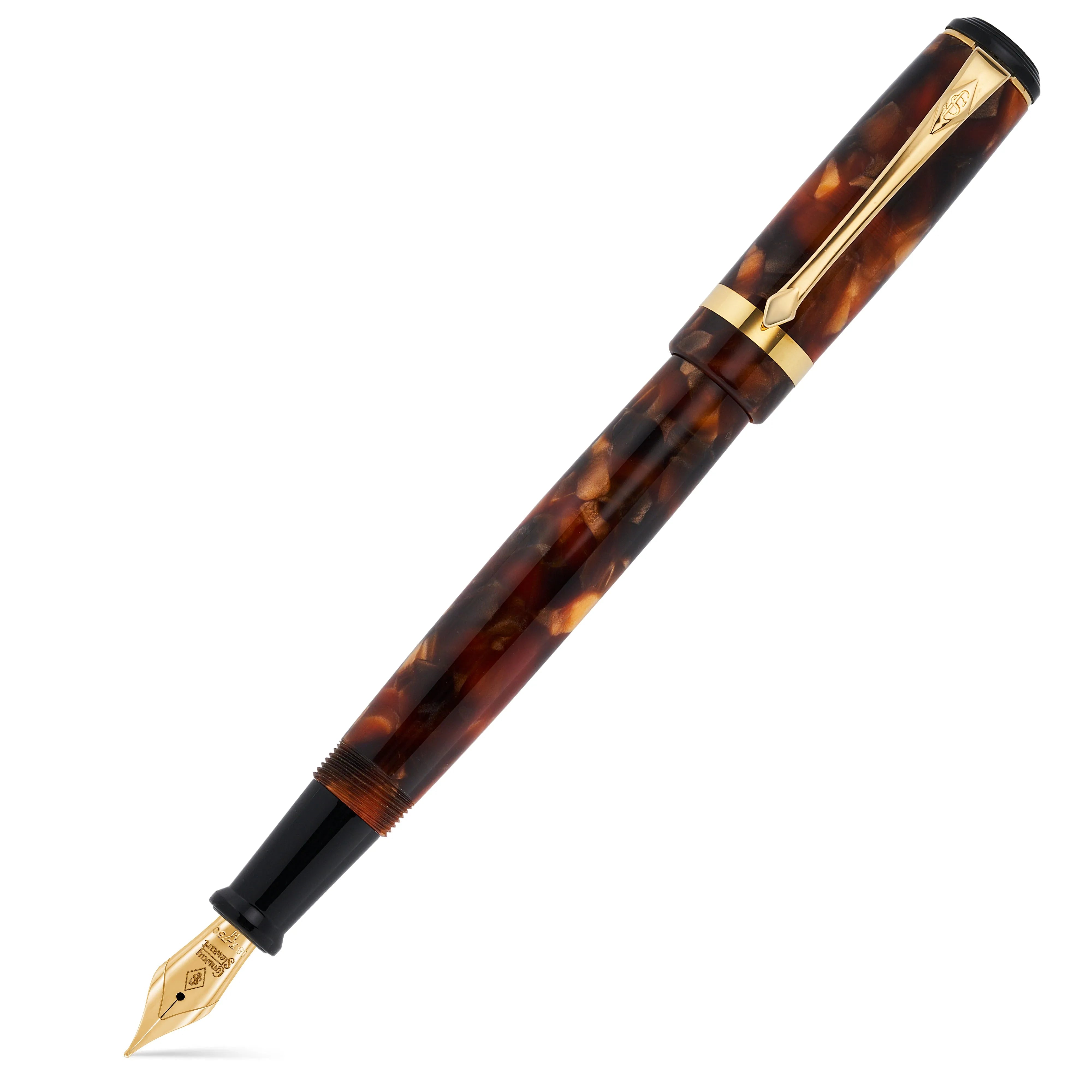 Collectors Pen Classic Brown, capuchon posé à l'arrière, plume dorée exposée, résine écaille de tortue et finitions dorées