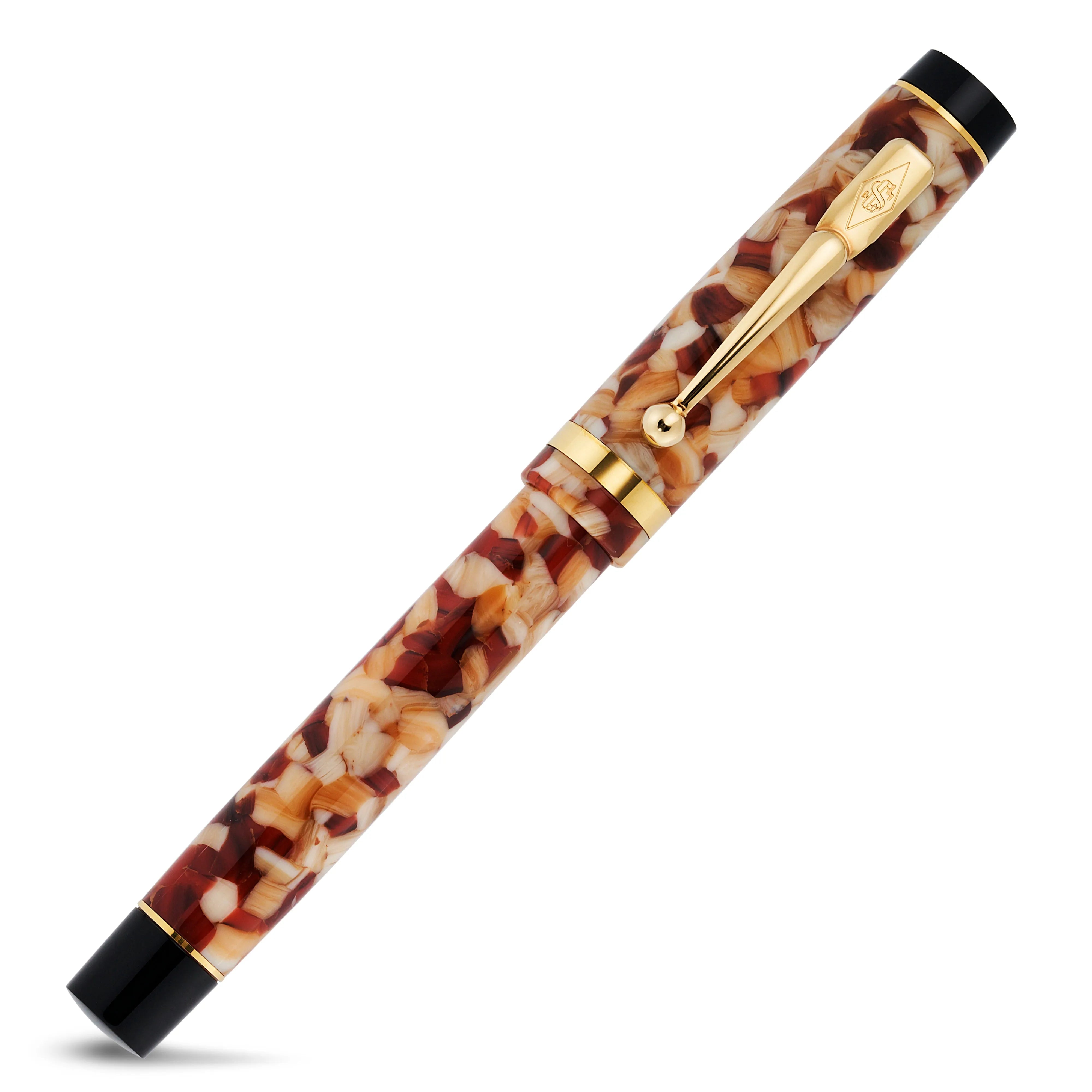 Stylo-plume Conway Stewart Duro Shingle, vue pivotée, montrant la finition en acrylique moucheté ambre et crème