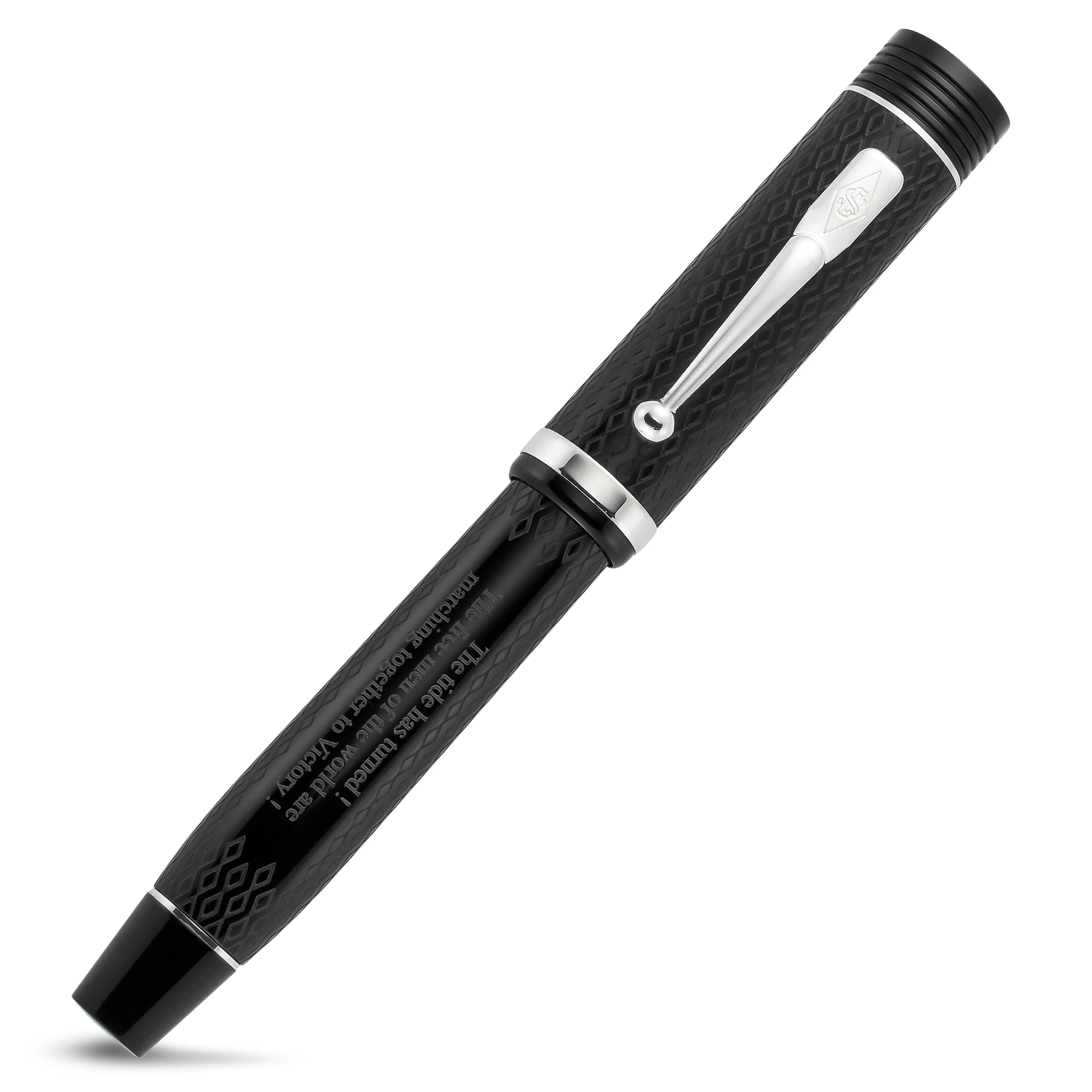 D-Day 80th Anniversary fountain pen, capped, black diamond-textured barrel with silver trim