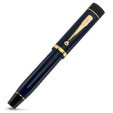 The Pol Roger 175th Anniversary fountain pen from a rotated angle, navy blue finish with gold trim
