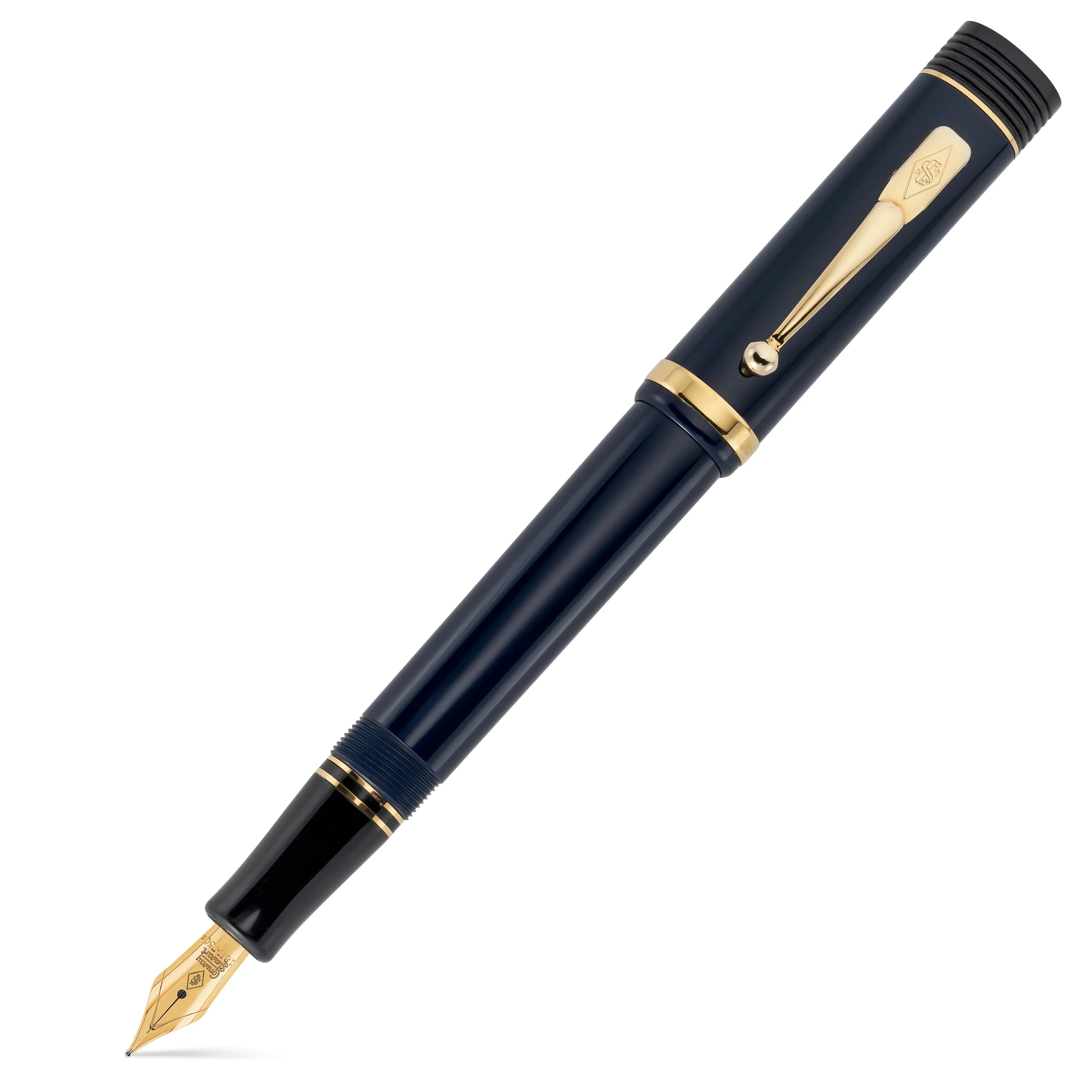The Pol Roger 175th Anniversary fountain pen capped, navy blue finish with gold clip and trim